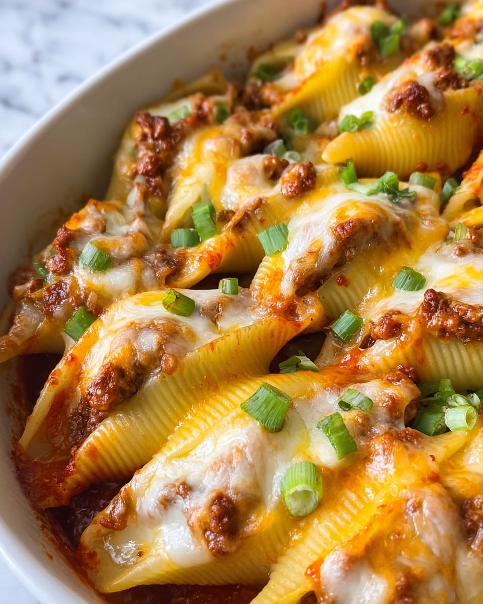 The image shows a close-up of a white dish filled with stuffed pasta shells layered with a melted mix of yellow and white cheese on top. The shells have a soft and slightly shiny texture, filled with a mix of ground meat and sauce rich in deep red and brown colors. Each pasta shell is topped with small pieces of chopped green onions, adding a fresh touch of green. The shells are nicely packed together, with sauce pooling lightly around their edges, creating a warm and inviting look. The background surface is a smooth white marbled texture. Photo taken with an iphone --ar 4:5 --v 7