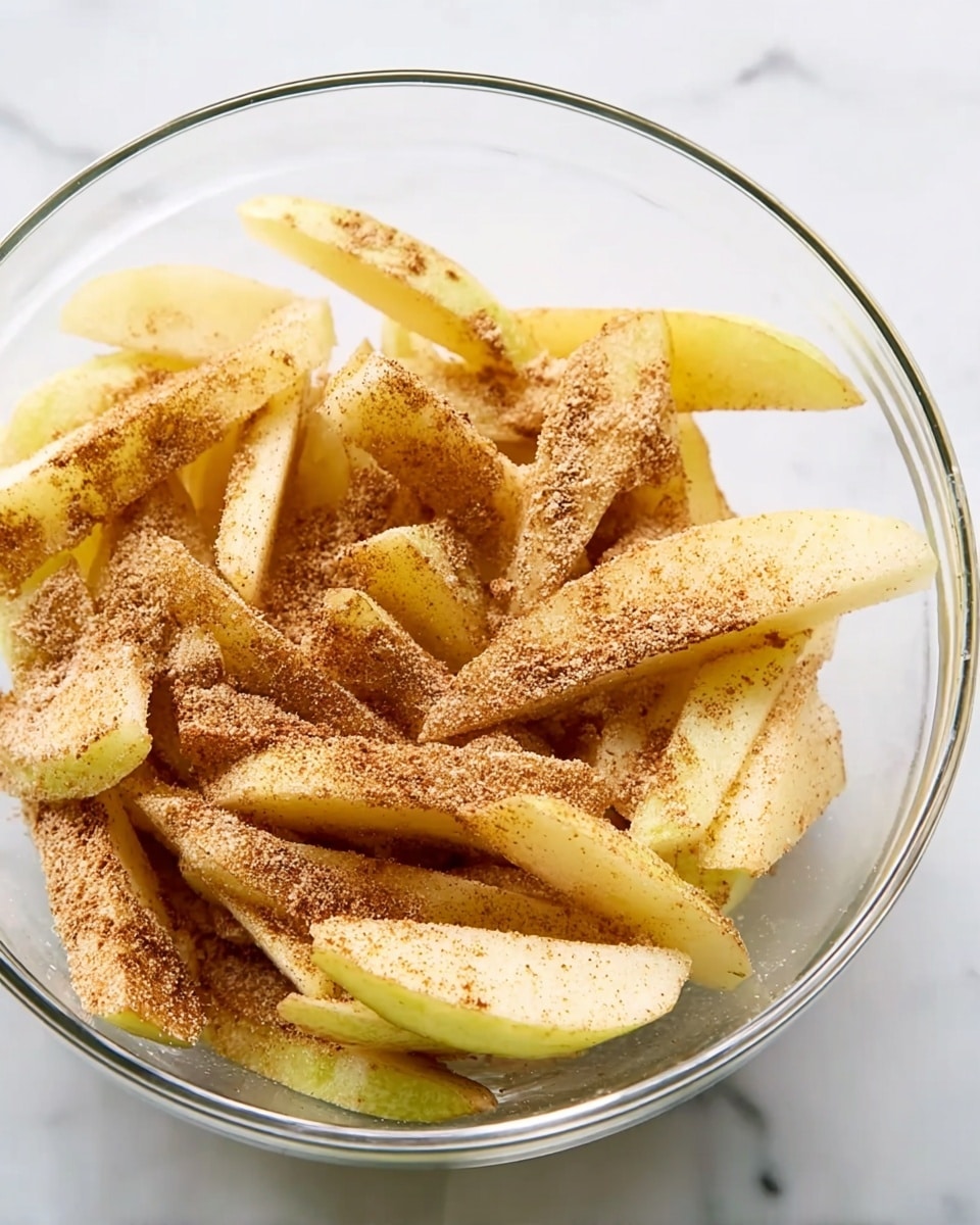 A clear glass bowl filled with potato wedges that are coated in a light dusting of brown spice powder. The potato wedges are pale yellow with slightly darker golden-brown edges, layered unevenly inside the bowl. The bowl sits on a white marbled surface that is bright and clean. The texture of the potatoes looks soft but firm, and the spice powder is sprinkled lightly but evenly over them. Photo taken with an iphone --ar 4:5 --v 7