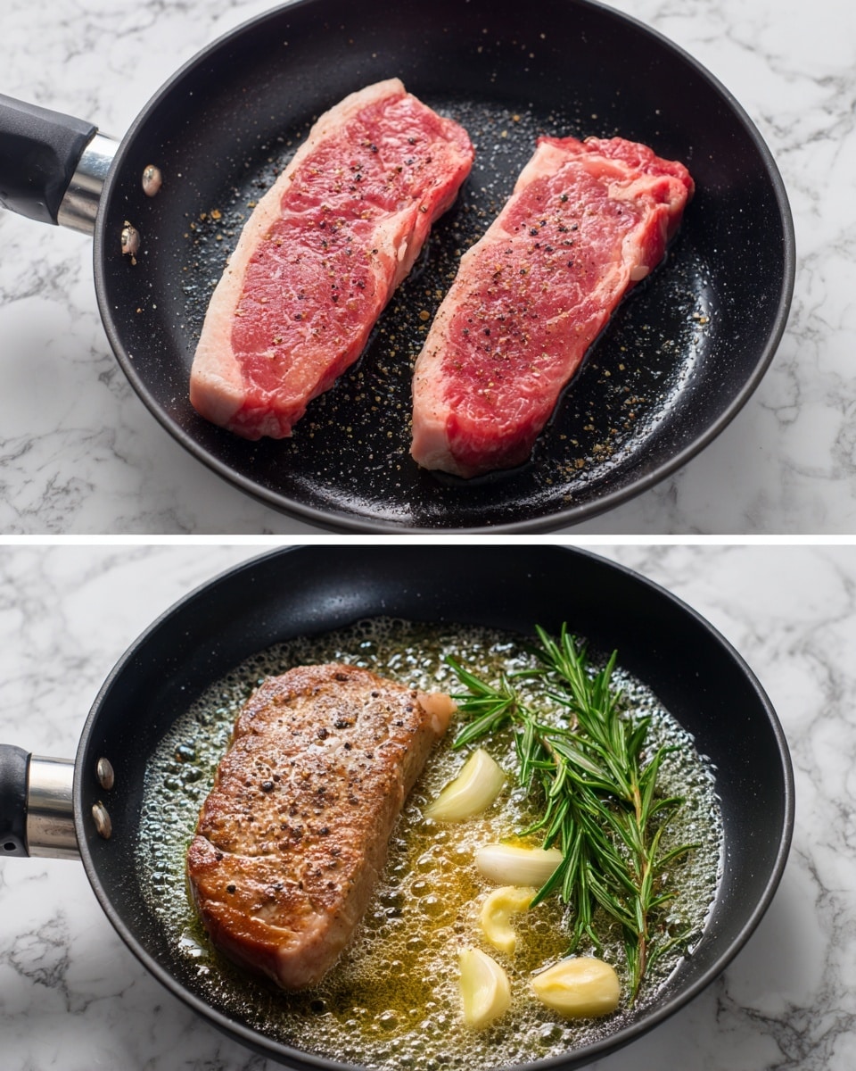 The image shows two layers of steak cooking in a black cast iron pan on a wooden surface. The top layer has two raw red steaks, lightly seasoned with black pepper, with a smooth texture and some moisture visible. The bottom layer shows the same two steaks now browned and seared, surrounded by melting yellow butter with small garlic pieces and a green rosemary sprig on the side, creating a rich and glossy look with a slightly crispy texture around the edges. photo taken with an iphone --ar 4:5 --v 7