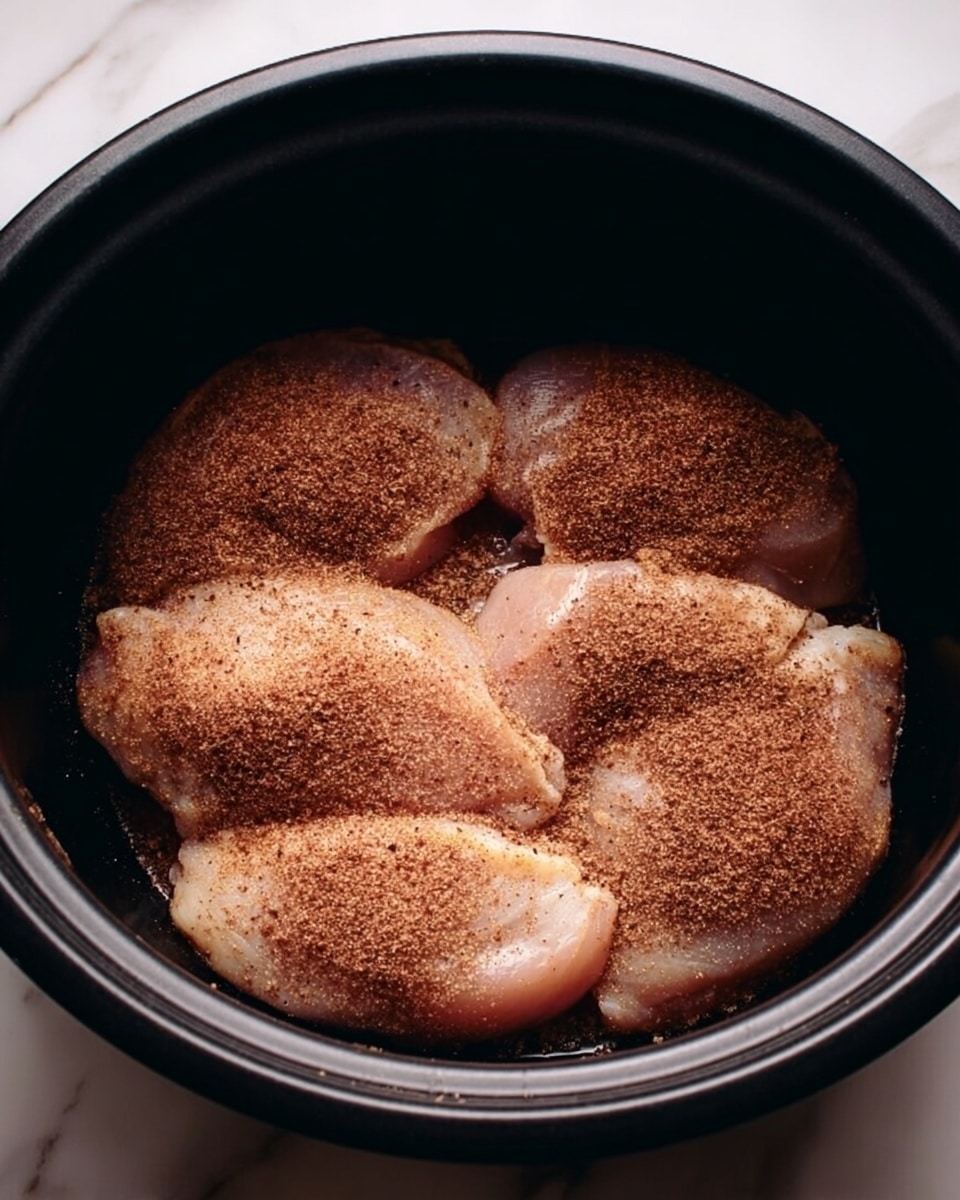 The image shows four raw pieces of chicken lying side by side in a black round cooking pot. Each piece is covered evenly with a layer of brown seasoning powder that gives a slightly rough texture on the shiny, pale pink surface of the chicken. The pot rests on a white marbled surface, and the lighting is soft, highlighting the seasoning and the texture of the chicken. photo taken with an iphone --ar 4:5 --v 7