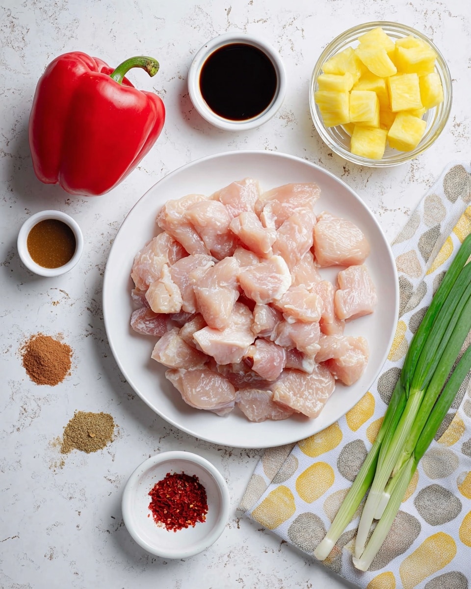 The image shows a white plate filled in the center with many pieces of raw, light pink chicken, placed on a patterned cloth with beige, gray, and white shapes on a white marbled background. To the top left of the plate, there is a whole red bell pepper with a smooth shiny surface. Near it, there is a small white cup of dark soy sauce. Below the soy sauce, another small white cup contains a thick brown sauce. To the left bottom of the plate, on a small white round dish, there are four spices: light brown powder, dark brown powder, black pepper, and a bright red paste. To the right of the plate, there are three long green spring onions. Above them, on the right side of the image, a glass contains yellow pineapple chunks in a light syrup. Photo taken with an iphone --ar 4:5 --v 7