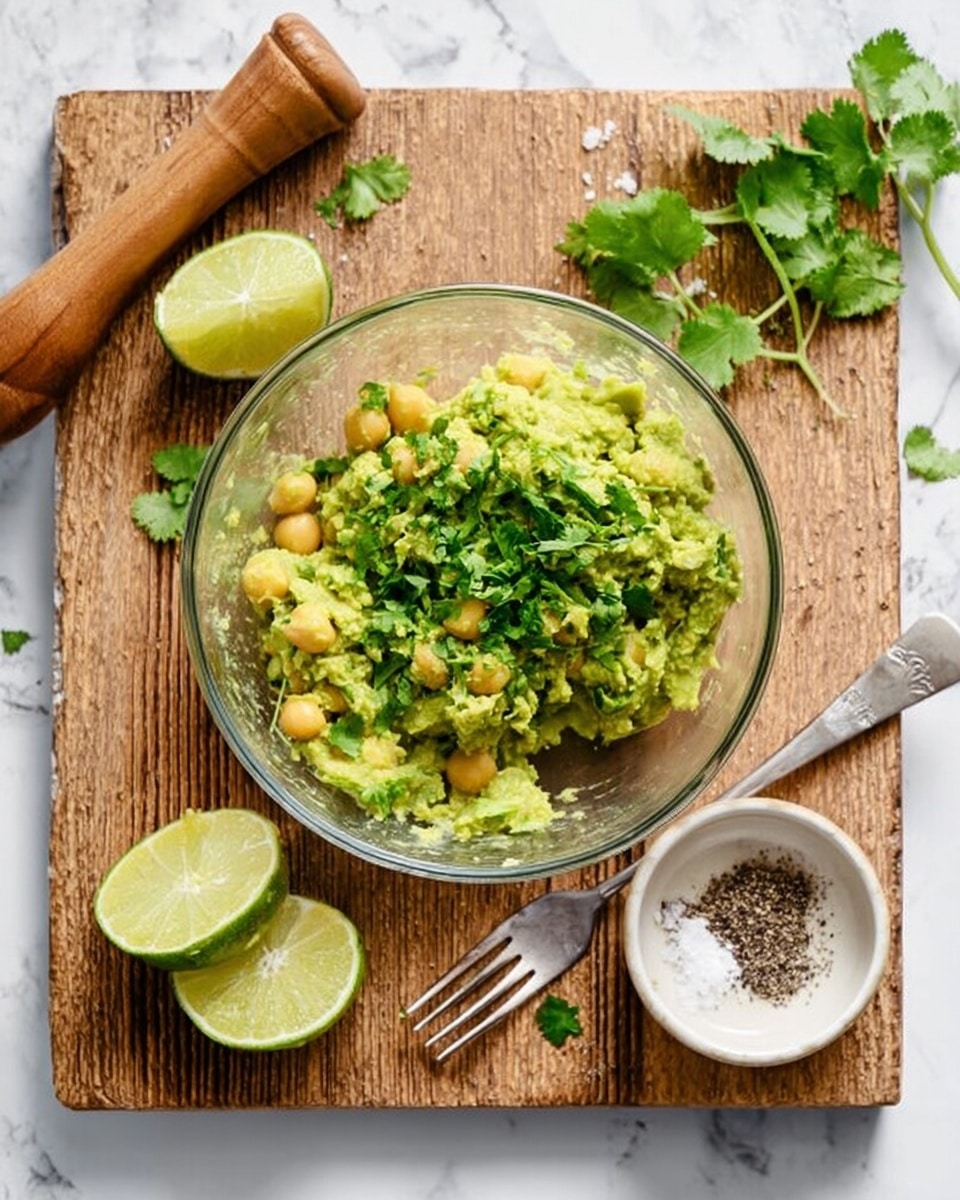 A clear glass bowl sits on a wooden board with a rough texture, filled with a chunky mix of light green mashed avocado mixed with small yellow chickpeas, topped with bright green chopped cilantro. To the left of the bowl, there is a wooden lemon squeezer and two halves of a squeezed lime, and a small white bowl containing black and white ground pepper. A silver fork rests on the right side of the board. Some fresh cilantro leaves lie on the white marbled surface behind the board. photo taken with an iphone --ar 4:5 --v 7