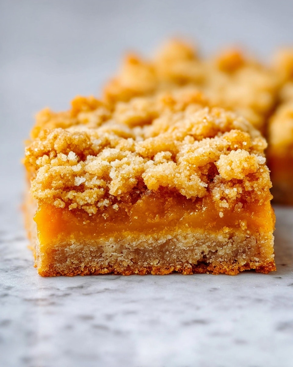 The image shows a close-up of a square-shaped crumb bar with three layers. The bottom layer is light brown and crumbly, looking like a firm crust. The middle layer is a bright orange, smooth filling with a slightly shiny texture. The top layer is a rough, golden-brown crumb topping with large clusters and a crunchy look. The bar is set on a white marbled surface, and the focus is sharp on the front edge with the background softly blurred. photo taken with an iphone --ar 4:5 --v 7