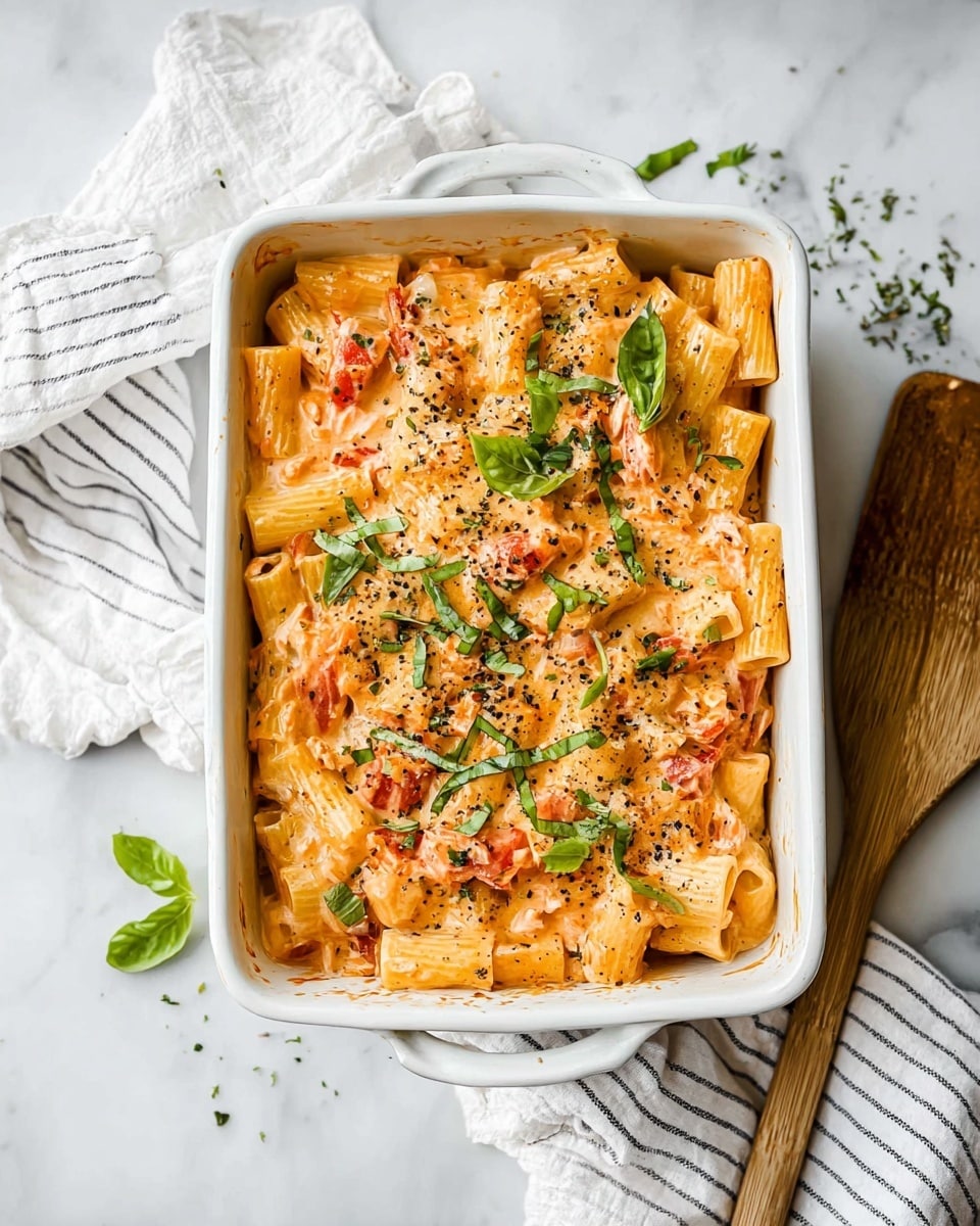 A rectangular white ceramic baking dish filled with a pasta bake, showing about two main layers: the bottom layer is rigatoni pasta with a creamy light orange sauce mixed with small pieces of cooked salmon and chunks of red tomatoes, and the top layer is sprinkled with fresh thinly sliced green basil leaves and a light dusting of black pepper. The dish sits on a white marbled surface with a white and black striped cloth underneath. A wooden pasta server lies diagonally next to the dish on a white cloth. Small bits of herbs are scattered around the scene. Photo taken with an iphone --ar 4:5 --v 7