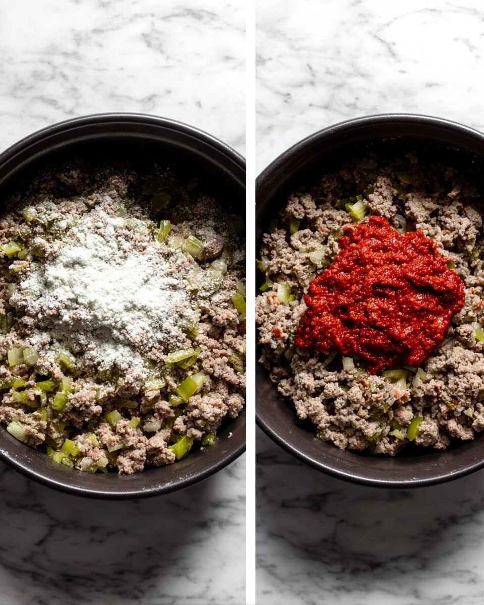 The image shows two black pots placed on a white marbled surface. Both pots contain cooked ground meat mixed with small pieces of green celery. In the first pot on the left, a white powdery substance is sprinkled evenly over the meat mixture. In the second pot on the right, a thick bright red paste is placed in the center on top of the meat and celery mix. The texture of the meat appears crumbly and moist. photo taken with an iphone --ar 4:5 --v 7