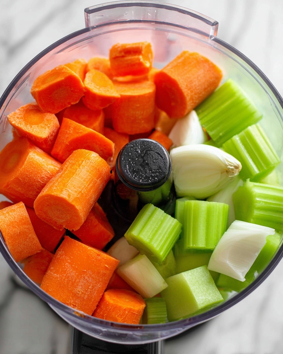 A clear food processor bowl filled with large pieces of vibrant orange carrots on the left, bright green celery pieces on the right front, and white garlic cloves and onion slices in the back. The vegetables are chunky and raw, showing a mix of smooth and ribbed textures, with the black plastic blade holder visible in the center. The bowl sits on a white marbled surface, giving a clean and fresh look. photo taken with an iphone --ar 4:5 --v 7