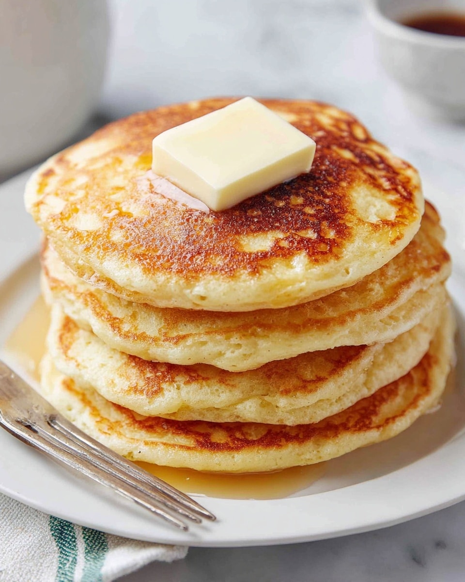 A stack of five thick pancakes is placed in the center of a white plate on a white marbled surface. Each pancake has a golden brown top with slightly darker edges and a soft, fluffy texture. On top of the stack, there is a square piece of butter slowly melting, showing a smooth, creamy surface with a slight gloss. The pancakes vary slightly in size and color, adding a natural look to the stack. A silver fork lies on the plate near the bottom left corner. Photo taken with an iphone --ar 4:5 --v 7