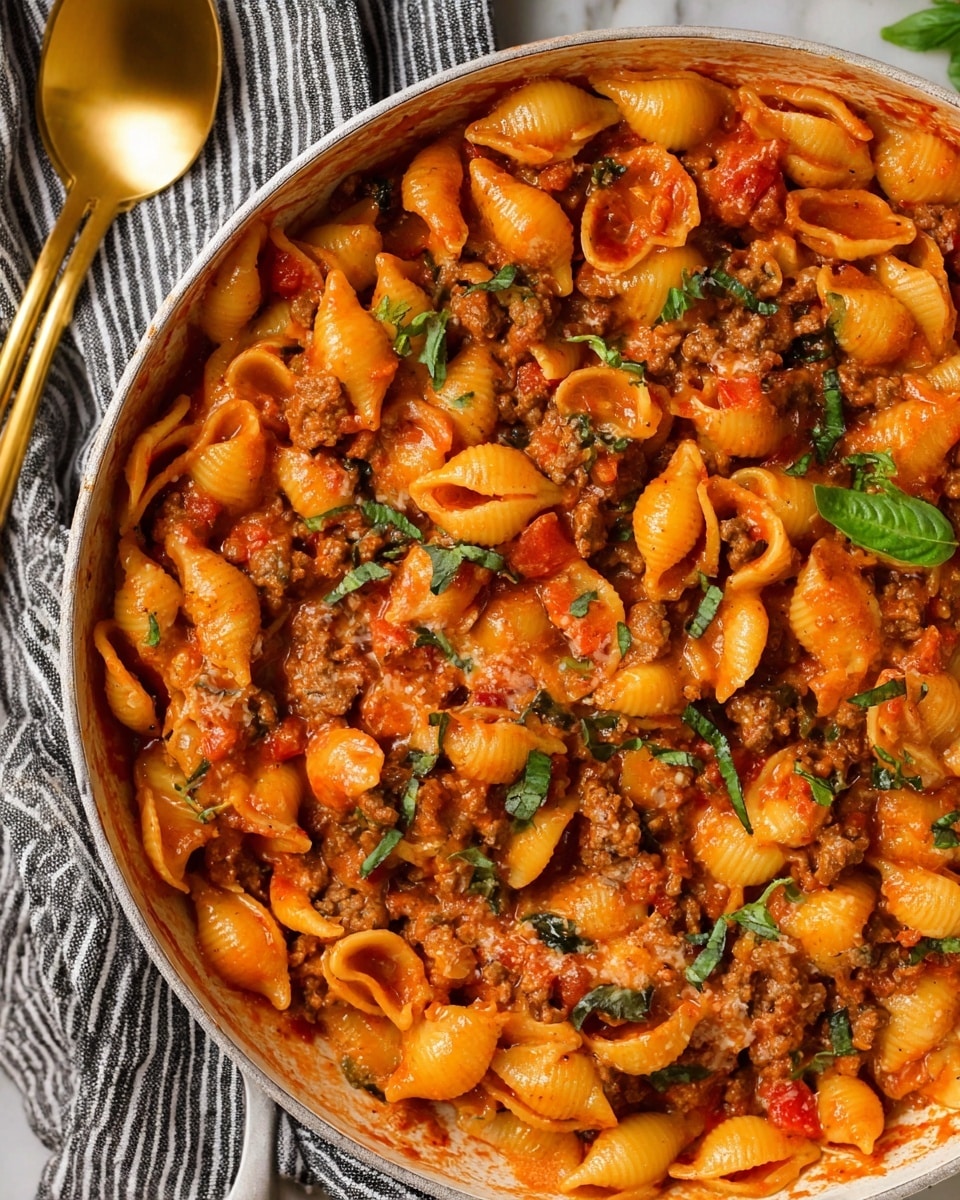 A close-up view of a white pan filled with shell pasta cooked in a creamy orange-red tomato sauce mixed with pieces of browned ground meat and cooked onion chunks, dotted with small bright red tomato bits and dark green fresh basil strips scattered across the top for color contrast, all sitting on a white marbled surface next to a black and white striped cloth and a gold spoon. photo taken with an iphone --ar 4:5 --v 7