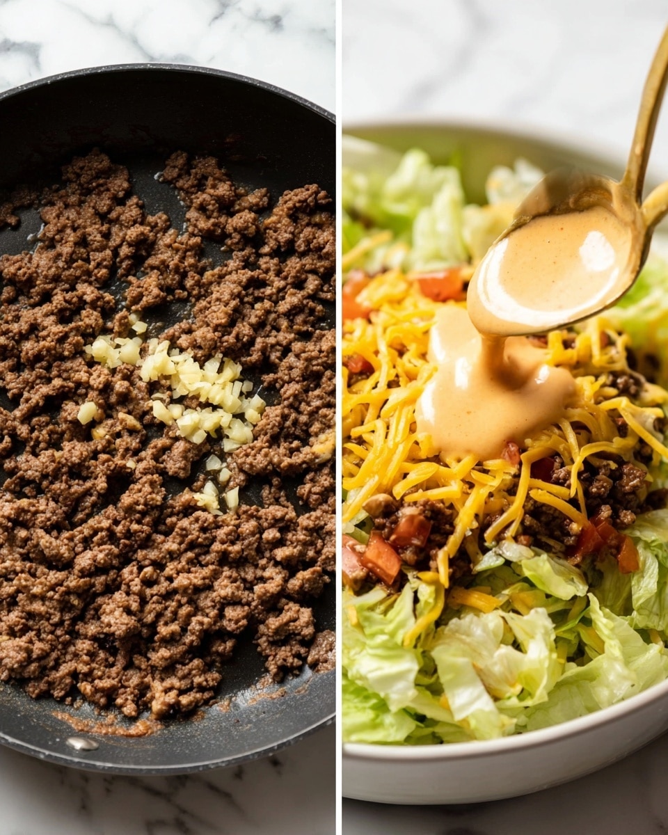 The image shows two scenes: on the left, a black pan with brown cooked ground beef mixed with small, light yellow minced garlic in the middle; on the right, a close-up of a white bowl filled with light green shredded lettuce as the bottom layer, topped with dark brown cooked ground beef, small bits of bright orange shredded cheese scattered over the beef, and creamy orange sauce being poured from a golden spoon, covering parts of the beef and cheese, all placed on a white marbled surface photo taken with an iphone --ar 4:5 --v 7
