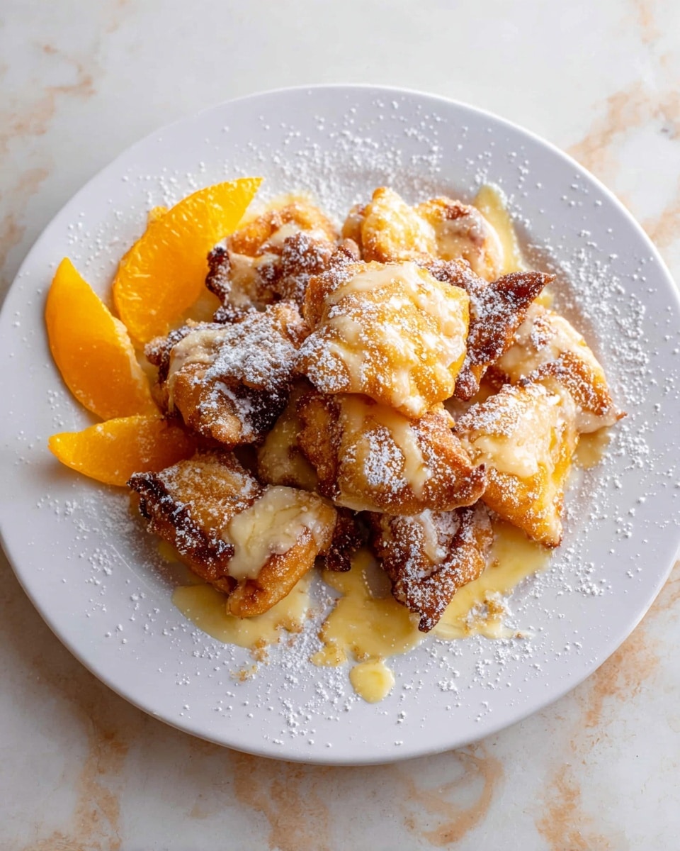 A white plate holds a stack of golden brown, irregularly shaped fried dough pieces layered in the center. The dough pieces show a mix of crisp, dark brown edges and lighter yellow sides, covered with a glossy, pale yellow sauce drizzled unevenly across the top and around the plate. There is a light dusting of powdered sugar on some parts of the dough. On the left side of the plate, two bright orange slices rest against the dough. The plate sits on a white marbled surface. photo taken with an iphone --ar 4:5 --v 7