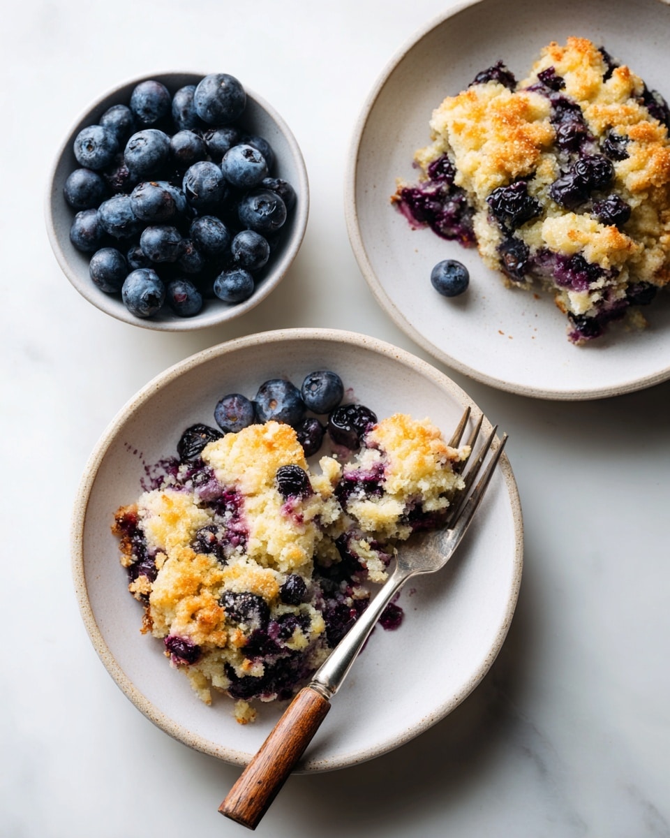 The image shows two white plates on a white marbled surface, each holding a serving of a textured baked dessert with a crumbly golden-brown top layer mixed with dark purple baked blueberries. The dessert looks soft and moist with visible clusters of berries inside. One plate is fully visible at the bottom center with a silver fork featuring a wooden handle resting beside it, and a slightly broken piece of the dessert pierced on the fork. The second plate is partially visible at the top right corner with another portion of the same dessert. To the left side of the image, there is a white bowl filled with fresh blueberries. The lighting highlights the warm tones of the dessert and the vibrant color of the berries, creating a fresh and inviting look. Photo taken with an iphone --ar 4:5 --v 7
