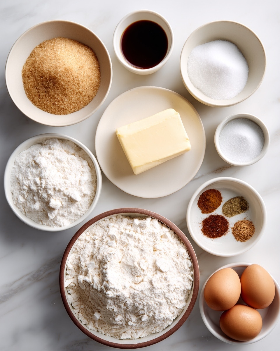 The image shows eight small white bowls and a white plate on a white marbled surface, each containing different baking ingredients. From left to right, the first white bowl is filled with light brown sugar, the second white bowl contains a dark liquid, the third bowl holds white powdered sugar, and the fourth small bowl has white salt. A white plate in the center holds a stick of pale yellow butter. Below, a larger white bowl with a brown rim is filled with white flour, next to it a smaller white bowl with a brown rim holds several spices in different brown shades. Lastly, a white bowl contains three brown eggs. All the bowls and plate are neatly arranged in a flat lay style, giving a clean and organized look. Photo taken with an iphone --ar 4:5 --v 7