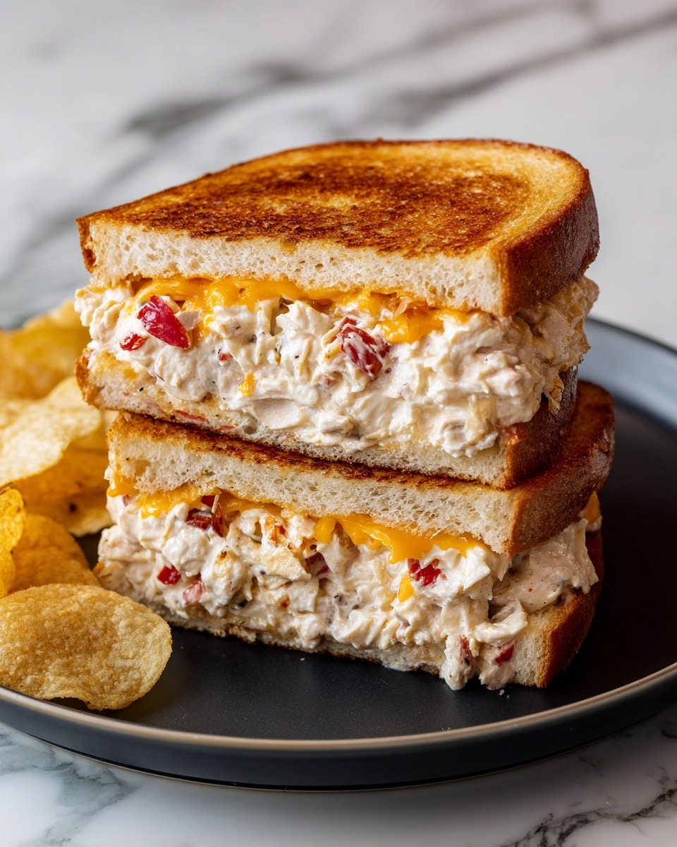 A toasted sandwich is cut in half and stacked, showing three main layers. The top and bottom layers are golden brown toasted bread with a slightly crispy texture. Between the bread are two thick layers of creamy white chicken salad mixed with small bits of red tomato and melted orange cheddar cheese that looks soft and stretchy. The sandwich sits on a dark plate with a few scattered potato chips beside it, all placed on a white marbled surface. The photo taken with an iphone --ar 4:5 --v 7