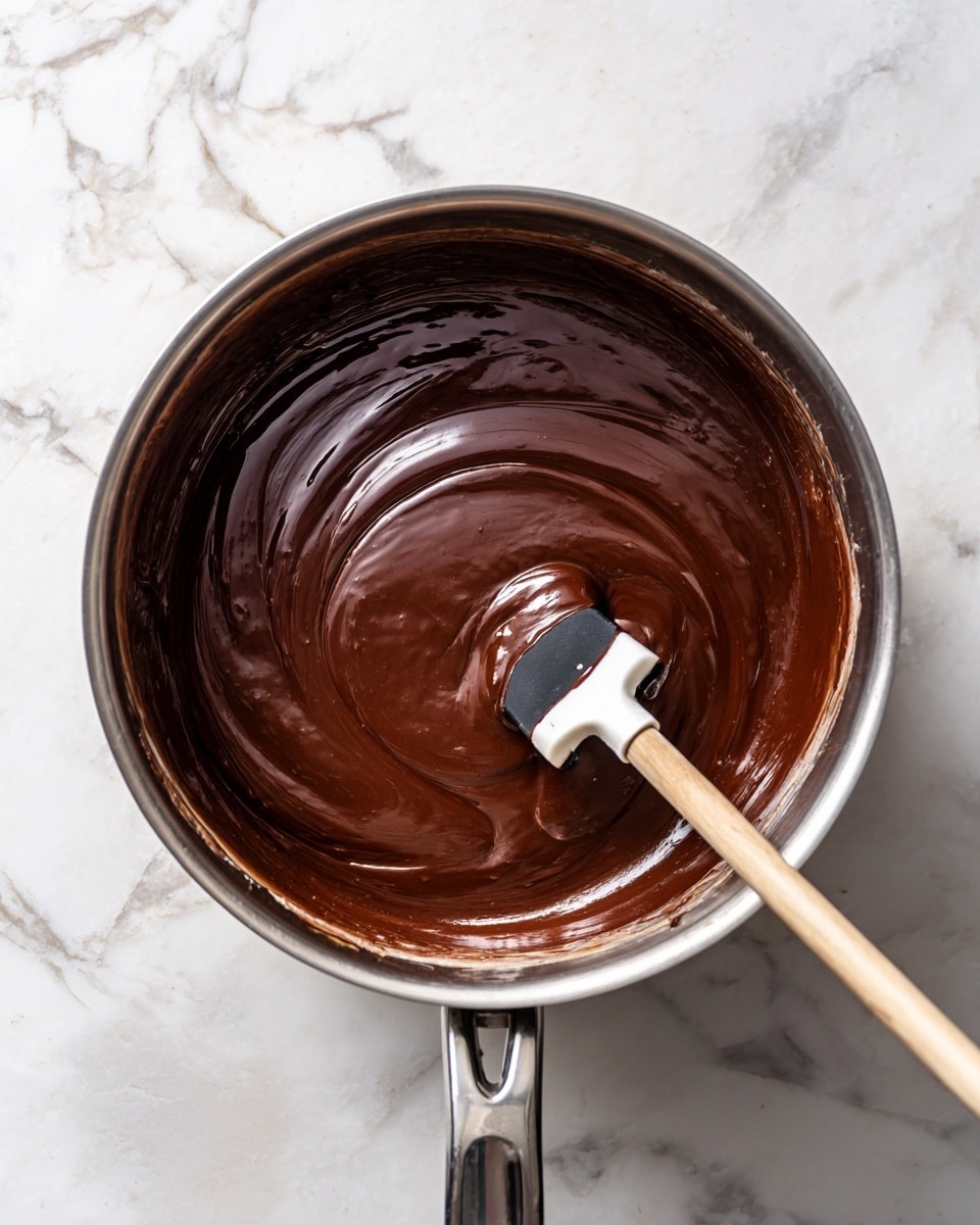 A close-up image of thick chocolate batter inside a silver metal pot. The batter is smooth and dark brown with a shiny texture, evenly spread in the pot. A white and black spatula is in the pot, with some batter on its beige head as it stirs the mixture. The background has a white marbled texture. photo taken with an iphone --ar 4:5 --v 7