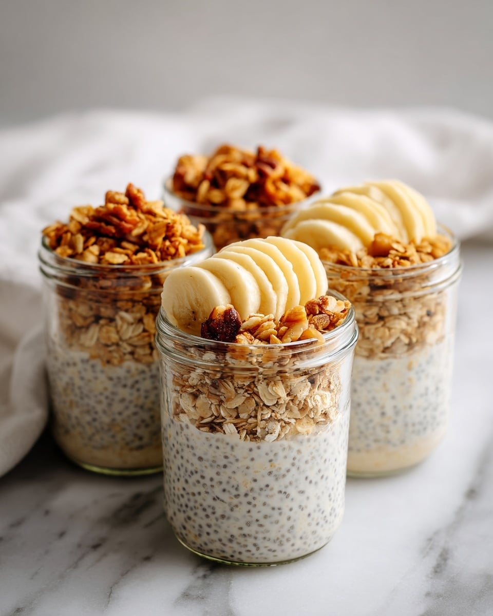 This image shows clear glass jars filled with a mixture of creamy oatmeal and chia seeds that creates a light beige layer with tiny dark chia seeds scattered evenly throughout. On top of the mixture, each jar has two toppings arranged side by side: on one half, golden brown crunchy granola with visible oat clusters and small nut pieces, and on the other half, thin slices of fresh banana in a soft pale yellow color, layered neatly in a row. The jars are placed on a white marbled surface with a soft white cloth in the background. Photo taken with an iphone --ar 4:5 --v 7