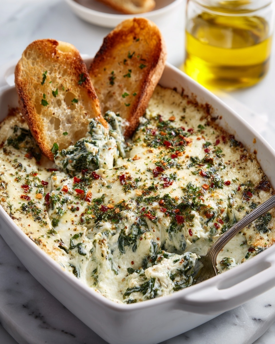 A white rectangular baking dish holds a creamy spinach and cheese dip with a textured, slightly browned top layer sprinkled with chopped green herbs and small red flakes. Two golden-brown toasted bread pieces are dipped upright on the left side in the thick, mixed layer that shows visible green spinach leaves and melted white cheese. A silver spoon rests inside the dish near the bottom right corner amid the creamy, dense mixture. In the background, there is a clear glass jar filled with yellow olive oil, all set against a white marbled surface. photo taken with an iphone --ar 4:5 --v 7