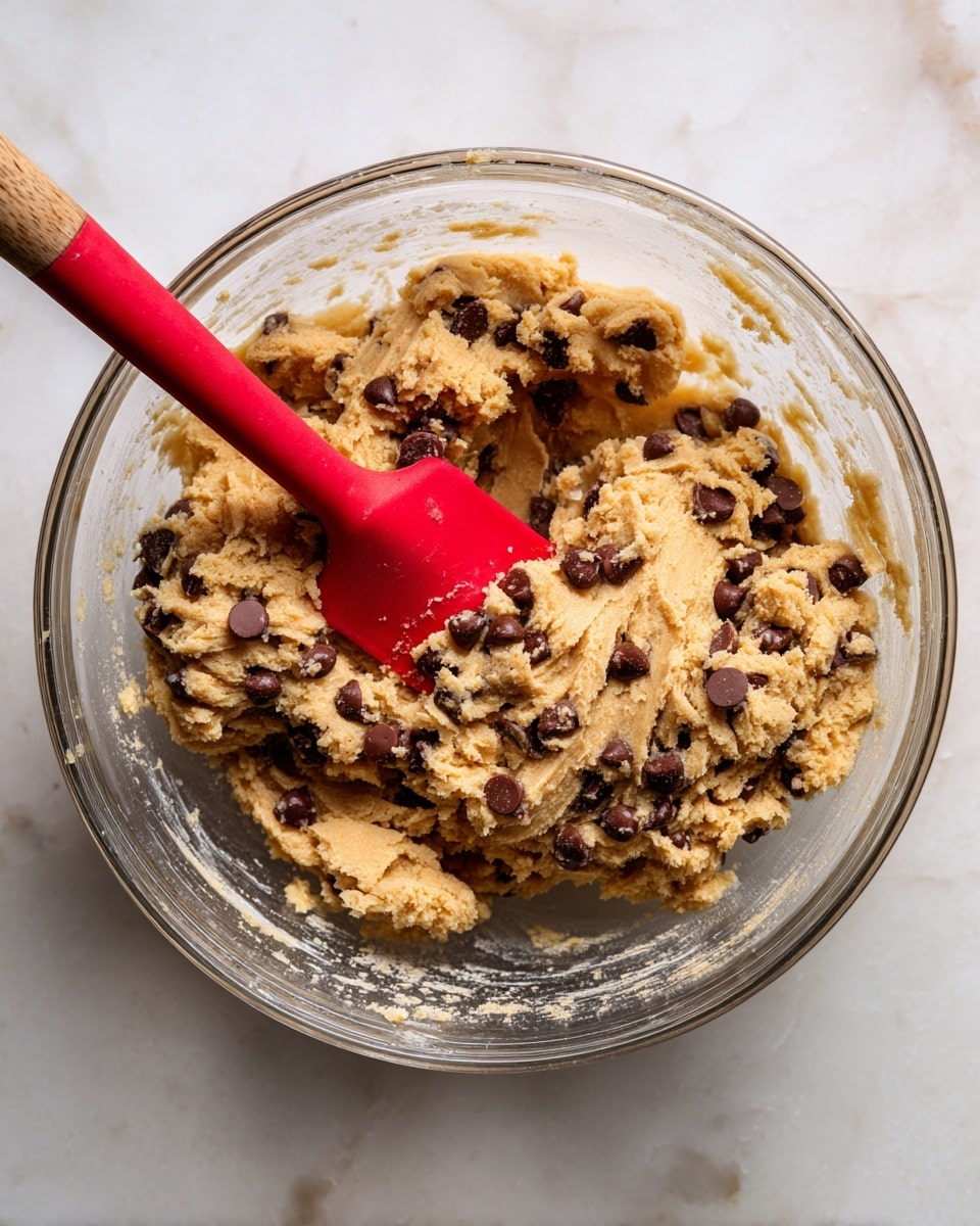 A clear glass bowl filled with cookie dough mixed with chocolate chips is shown. The dough is light brown and thick with a slightly bumpy texture, and the chocolate chips scattered throughout are dark brown and shiny. A red spatula with a wooden handle is resting inside the dough, slightly covered in the mixture. The bowl is placed on a white marbled surface with some small bits of dough stuck on the sides of the bowl. Photo taken with an iphone --ar 4:5 --v 7