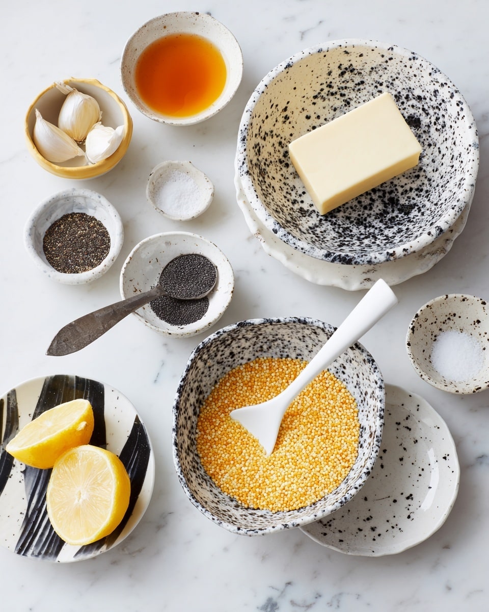 A white bowl with black speckles filled with small yellow round grains, with a white spoon inside the bowl on the right side; above it, a white shallow bowl with black speckles holds a rectangular piece of butter; to the right, a small white bowl with black speckles contains an amber-colored liquid; to the left, a small white bowl with a yellow rim contains two garlic cloves, above it a small black spoon with white coarse salt, and further left, a white bowl holds black and white pepper mix; below on the left, a small white bowl with black speckles contains a block of cheese; at the bottom, a white plate with a black zigzag pattern holds two lemon halves; all items are set on a white marbled surface photo taken with an iphone --ar 4:5 --v 7