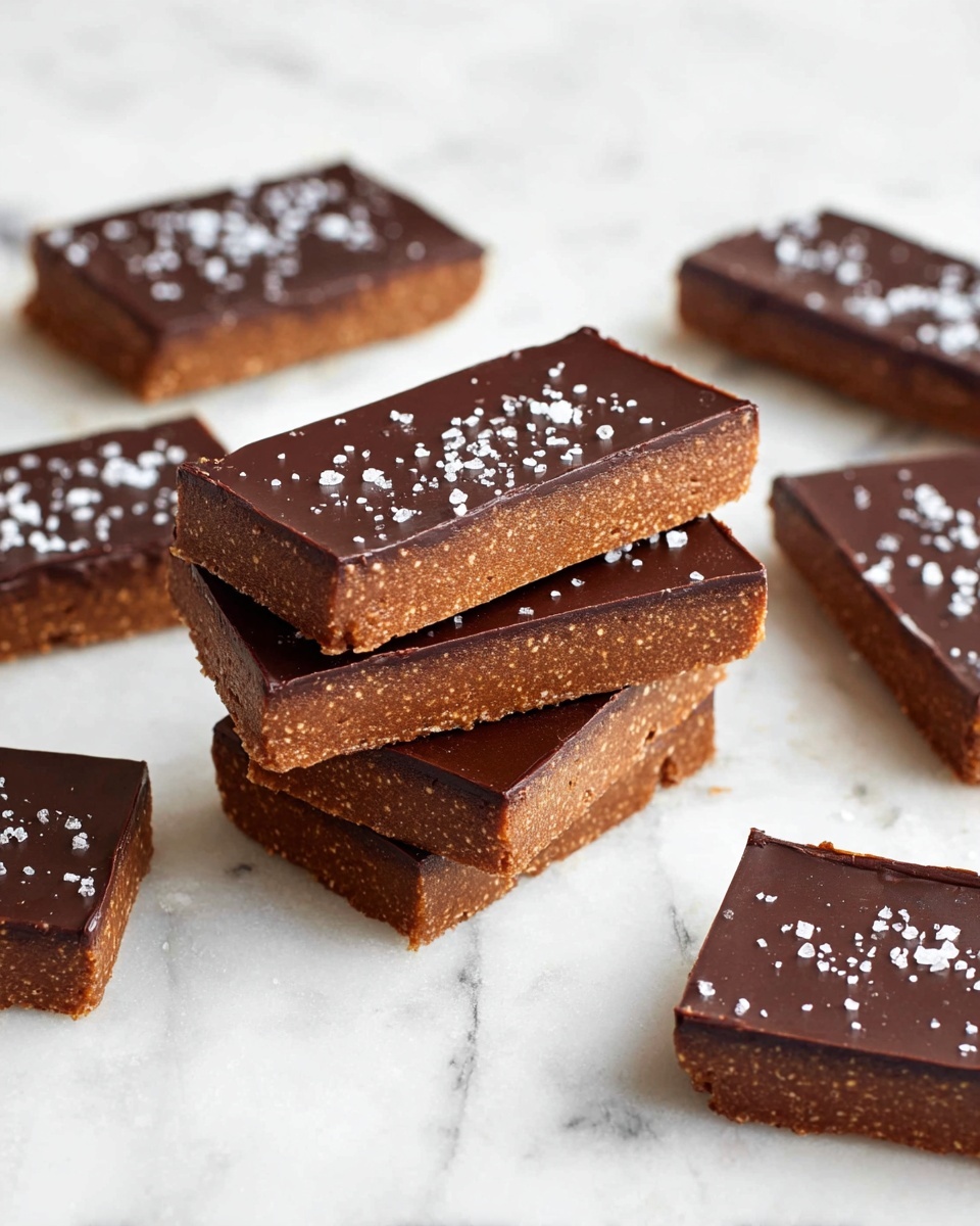 The image shows several rectangular bars stacked and scattered on a white marbled surface. Each bar has two visible layers: a thicker bottom layer that looks dense and slightly crumbly in light brown color, and a smooth, shiny, dark brown chocolate layer on top sprinkled with small white salt flakes. The bars are arranged in a way that some are stacked three high, while others lie flat nearby. The lighting highlights the glossy texture of the chocolate top and the rougher texture of the base layer. photo taken with an iphone --ar 4:5 --v 7