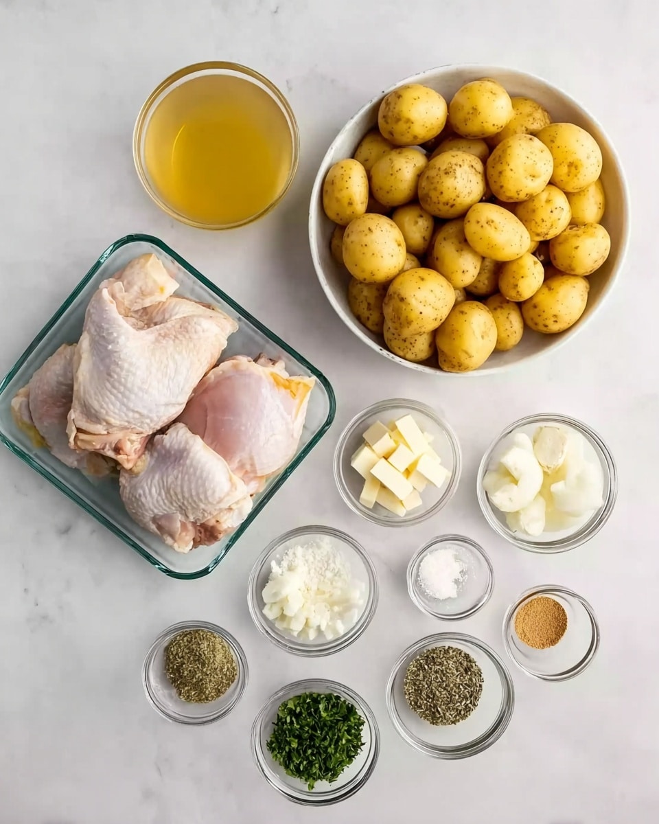 The image shows a top view of various cooking ingredients arranged neatly on a white marbled surface. At the center bottom is a clear rectangular dish holding two raw chicken thighs with skin on, showing a light pink and white color with some moisture. Above to the right is a large round white bowl filled with small yellow potatoes, some whole and some sliced in half, showing a smooth yellow exterior and pale yellow inside. To the left of the potatoes is a clear round bowl with a golden yellow liquid, likely broth. Surrounding these main items are smaller clear glass bowls containing different ingredients: off-white flour, soft white cubes of butter, chopped white onions, green chopped herbs, light beige minced garlic, light brown seasoning powder, whole black peppercorns, and dried green herbs. The arrangement is clean and organized, all placed on a white marbled stone surface. photo taken with an iphone --ar 4:5 --v 7