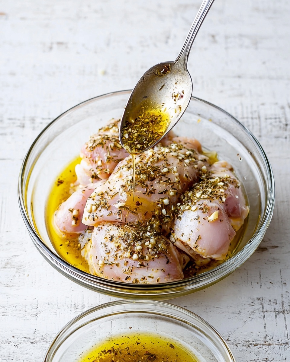 A clear glass bowl contains four pieces of raw chicken thighs with pale pink skin, each sprinkled evenly with small bits of chopped garlic and dried herbs, sitting in a yellowish oil marinade that fills the bottom of the bowl. A silver spoon is held above, slightly tilted, with oil and herbs dripping down onto the chicken. Below the bowl is another smaller clear bowl filled with more of the same yellow herb oil marinade. Both bowls are placed on a white marbled textured surface. photo taken with an iphone --ar 4:5 --v 7