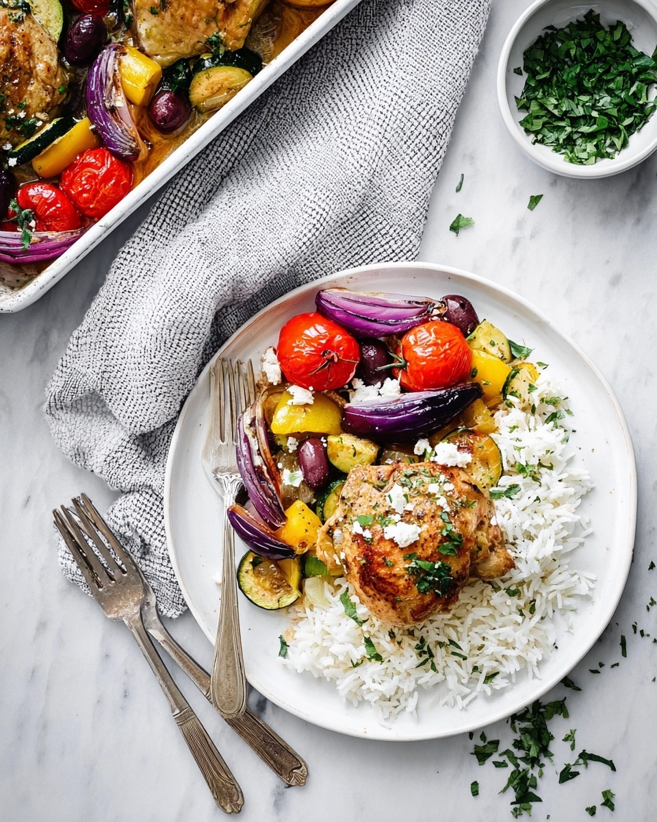 A white plate sits on a white marbled surface, layered with white rice on the right side, a colorful mix of vegetables including roasted red cherry tomatoes, yellow bell pepper pieces, slices of green zucchini, black olives, and wedges of purple onion on the left, and a golden-brown cooked piece of chicken thigh placed centrally on top of the vegetables. The vegetables and chicken are sprinkled with small bits of white cheese and fresh green herb leaves, adding more color and texture. To the upper left of the plate, there is a silver fork and knife sitting near a grey and white checkered cloth. Near the top right corner of the image, a small white bowl contains chopped green herbs, with some leaves scattered nearby on the white marbled surface. A silver baking dish with similar cooked vegetables and chicken is partially visible in the top left corner. photo taken with an iphone --ar 4:5 --v 7