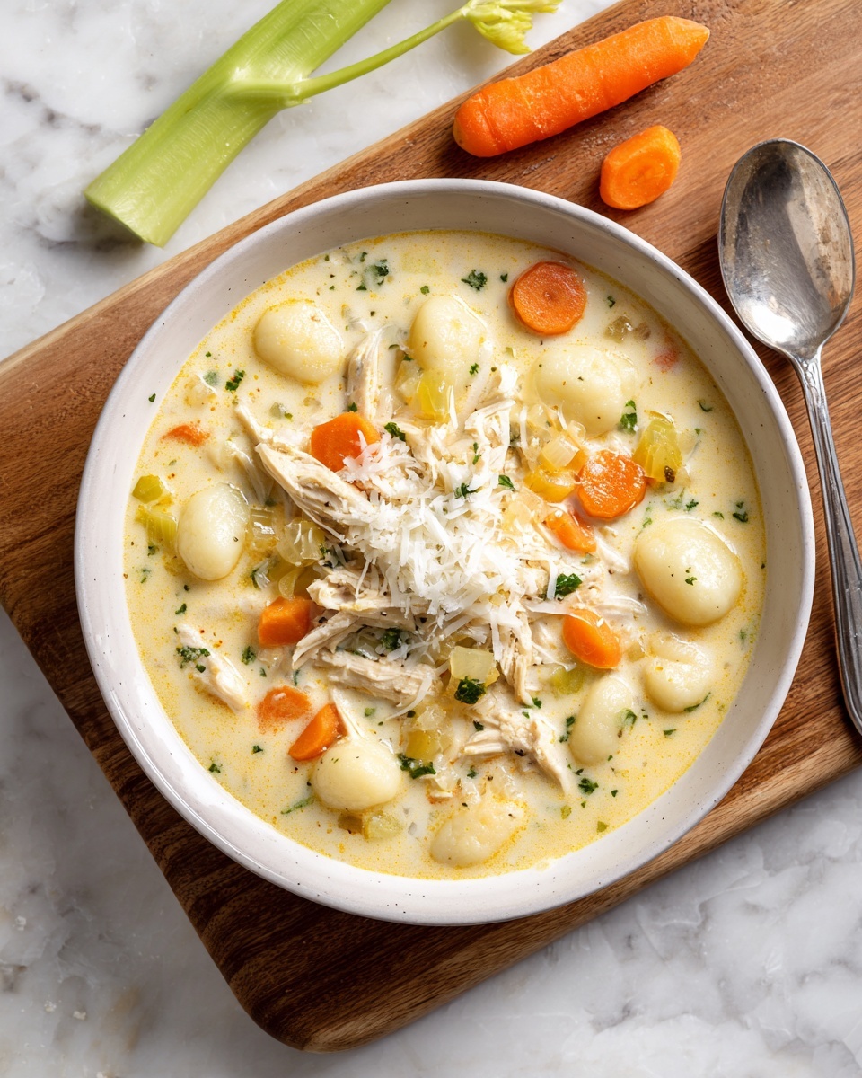 A deep white bowl filled with creamy chicken soup sits on a wooden board placed on a white marbled surface. The soup has shredded chicken in the center, surrounded by small bright orange carrot pieces, light green celery chunks, and white gnocchi floating in the creamy broth mixed with flecks of green herbs. A small pile of grated white cheese is on top of the chicken. Behind the bowl, a celery stick and a whole carrot rest on the board. A silver spoon is placed on the right side of the bowl. Photo taken with an iphone --ar 4:5 --v 7