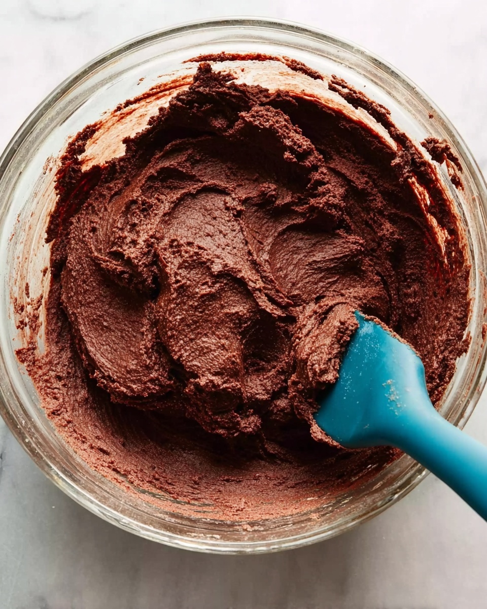 A clear glass bowl filled with thick, dark brown chocolate dough, showing a smooth but slightly rough texture with some streaks of deeper red mixed in. A blue spatula is partially dipped in the dough at the right side of the bowl, with some dough clinging to its edge. The bowl sits on a white marbled surface, and the lighting highlights the rich, dense look of the mixture inside. photo taken with an iphone --ar 4:5 --v 7