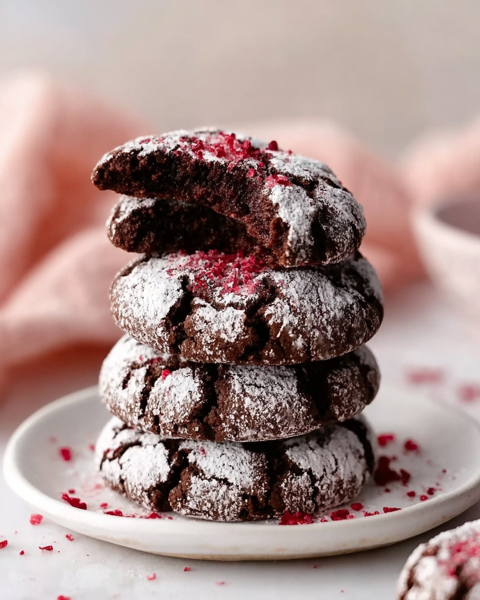 A stack of four dark brown chocolate cookies with visible cracks filled with powdered sugar, giving a cracked snowy look on the surface; the top cookie has a bite taken out, showing a soft, moist inside with a dark texture, sprinkled with red crumbs on top and around the base; the cookies sit on a white plate over a white marbled surface, and a woman's hand is gently holding the top cookie in the background, with a soft pink cloth nearby, creating a warm, inviting scene with soft natural light photo taken with an iphone --ar 4:5 --v 7