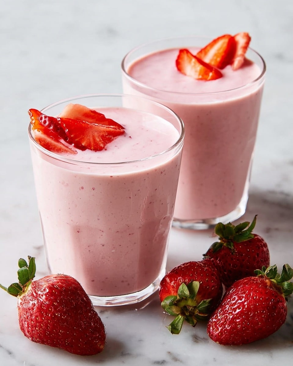 Two clear glasses filled with pale pink strawberry smoothie, each topped with thin slices of bright red strawberry. The smoothies have a smooth, creamy texture with small specks visible inside. Around the glasses, there are several whole fresh strawberries with green leafy tops resting on a white marbled surface. The background is simple and light, keeping the focus on the glasses and strawberries. photo taken with an iphone --ar 4:5 --v 7