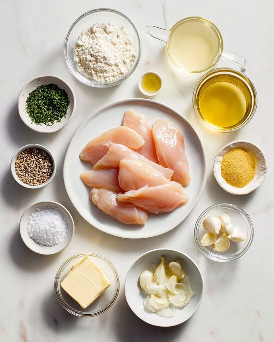 Raw chicken slices are neatly placed on a white round plate in the center of the image. Surrounding the plate in a circle on a white marbled surface are small white bowls and glass containers holding various ingredients: a bowl of chopped green herbs, a bowl of whole dried seeds, a bowl of white flour, a bowl of black pepper, a bowl of salt, a bowl of yellow mustard, a bowl with coarse granules, a plate with a block of butter, a bowl of peeled garlic slices, a small bowl of minced garlic, and three glass containers with liquids in pale yellow, clear yellow, and white colors. The arrangement is clean and bright with soft shadows. Photo taken with an iphone --ar 4:5 --v 7