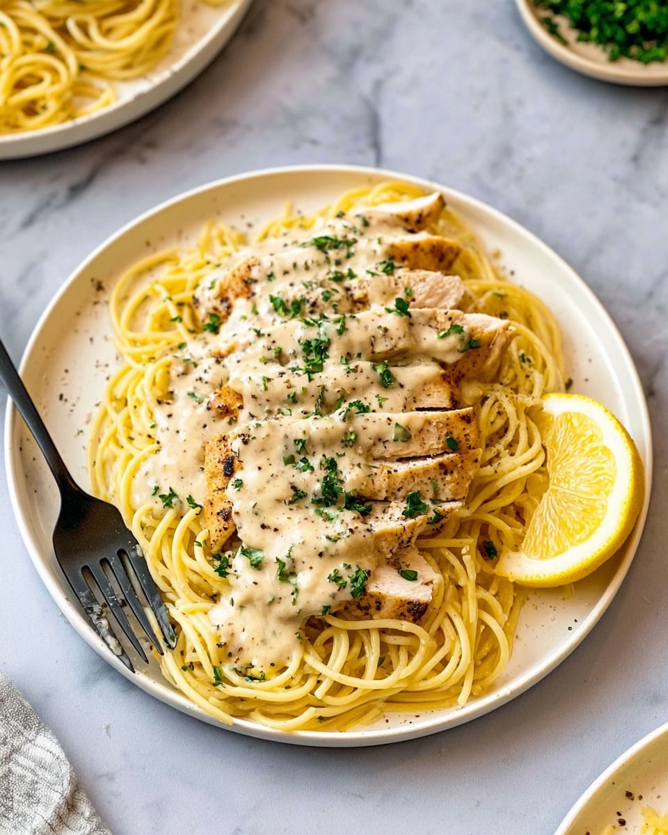The dish shows one large white plate with a bed of pale yellow cooked spaghetti noodles laid out in a loose circular pile as the bottom layer. On top of the noodles, there are several slices of light golden brown grilled chicken arranged in a row and covered with a thick, creamy light beige sauce. The sauce has darker specks, likely black pepper, and finely chopped green herbs are sprinkled evenly over the chicken and sauce. A wedge of bright yellow lemon with some black pepper sits on the side close to the chicken. A black fork is placed on the left side, resting on the noodles. The plate sits on a white marbled surface. Small portions of other items like green herbs and another plate with noodles peek into the edges of the frame. Photo taken with an iphone --ar 4:5 --v 7