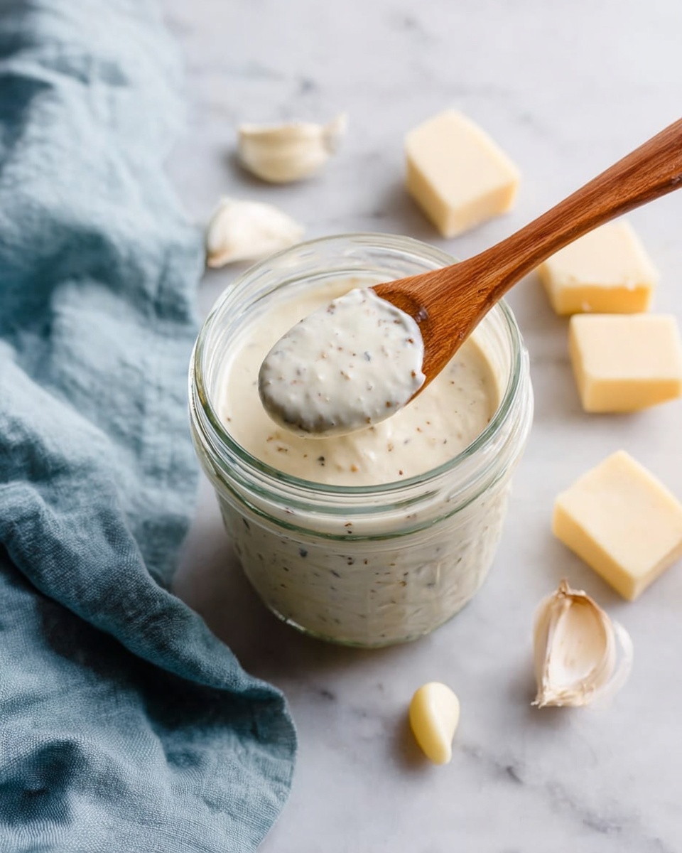 A clear glass jar filled with a thick, creamy white sauce speckled with small bits of herbs and spices, with a wooden spoon dipped inside holding a rounded scoop of the sauce. Around the jar, there are several pieces of pale yellow cheese cubes and peeled garlic cloves scattered on a white marbled surface. A soft, light blue cloth is placed casually to the left side of the jar. Photo taken with an iphone --ar 4:5 --v 7