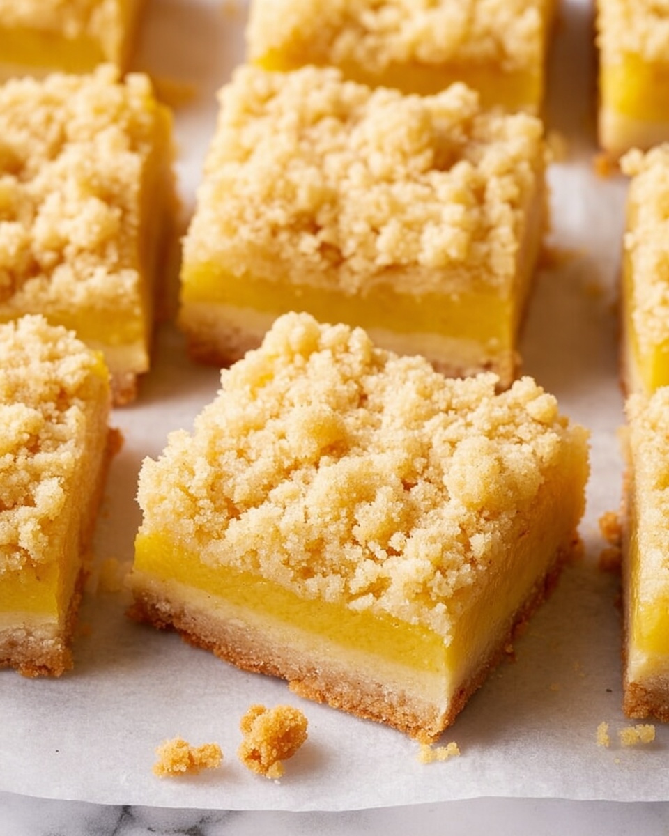 The image shows several square lemon crumb bars arranged closely on a white marbled surface covered with parchment paper. Each bar has three layers: a bottom layer of pale golden, dense shortbread crust, a middle layer of yellow, smooth lemon filling, and a top layer of light yellow crumbly streusel with a coarse texture. One bar is slightly tilted, resting on another, showing the clear distinct layers and textures. Small crumbs are scattered around the bars on the parchment paper, enhancing the crumb topping detail photo taken with an iphone --ar 4:5 --v 7