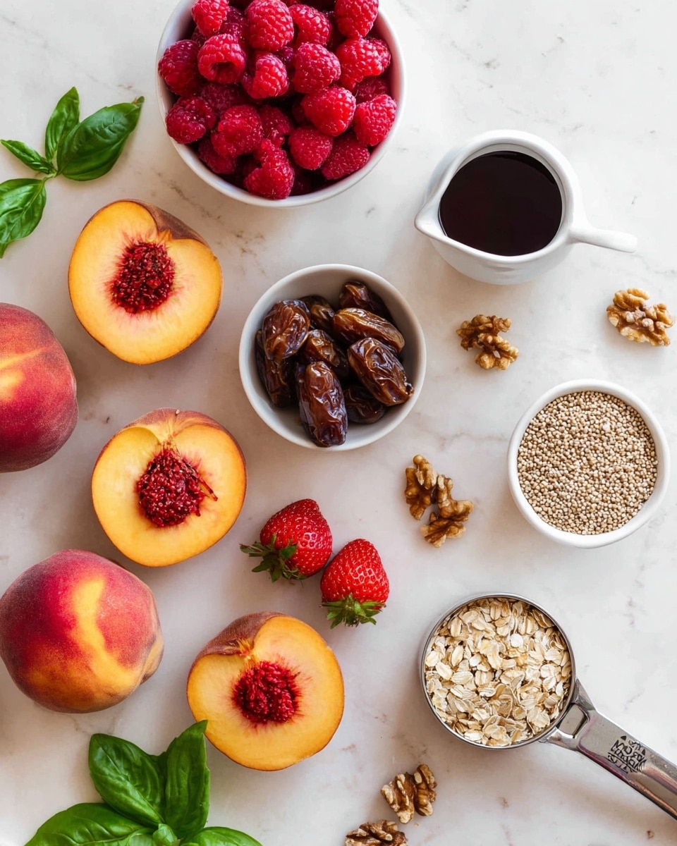 The image shows a flat lay of fresh wholesome ingredients on a white marbled surface. There are whole and sliced yellow peaches with reddish centers arranged around the bottom and left side. Three whole ripe peaches with soft red and orange skin are present. On the top left, a white bowl is filled with bright red raspberries. To its right, a small white pitcher holds a dark liquid, and next to that, a white bowl is filled with shiny brown dates. Below, a small white bowl contains light brown buckwheat grains. Nearby, a small pile of broken walnuts lies next to two red strawberries with green stems and a few green basil leaves scattered around. A metal measuring cup filled with beige rolled oats with a handle extends on the right side. The composition shows natural colors and textures focused on fresh fruit, grains, and nuts, arranged neatly on the white marbled background. Photo taken with an iphone --ar 4:5 --v 7