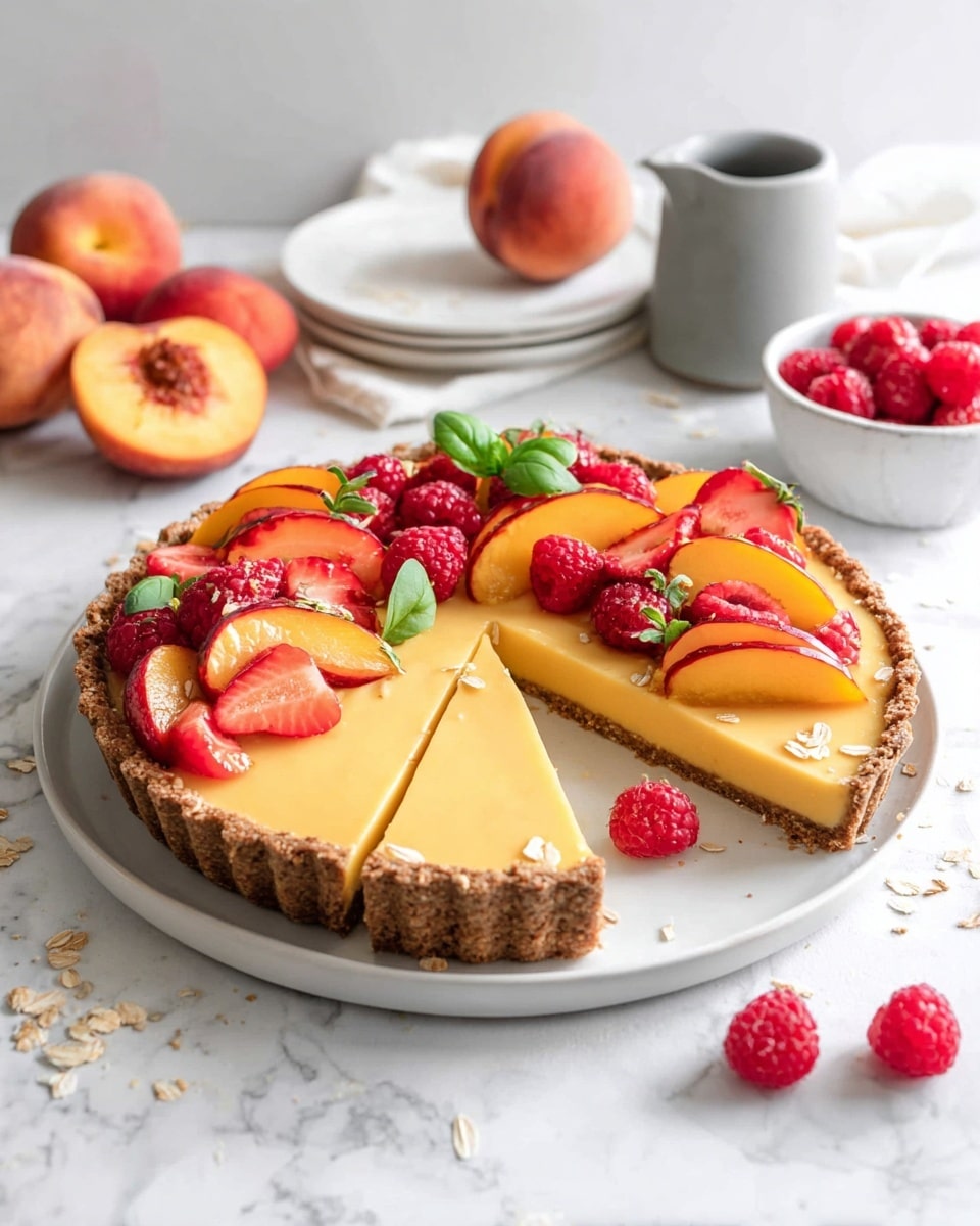 A round tart with a crumbly brown crust holds a smooth light orange filling, sliced into six pieces with one missing. The front half of the tart is topped with fresh red raspberries, sliced strawberries with green tops, thin slices of peach, and small green basil leaves, with a few oats sprinkled on top. It sits on a white plate that is on a white marbled surface. In the back, there are whole peaches, peach slices, a small white bowl of raspberries, and a small gray pitcher. Photo taken with an iphone --ar 4:5 --v 7