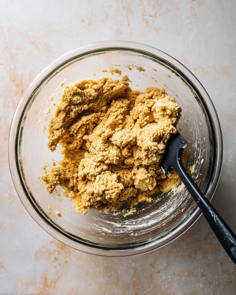 A clear glass mixing bowl holds a thick, golden brown dough with a crumbly and slightly sticky texture. The dough piles unevenly in the middle, with some parts smoother and some rougher. A black mixing spatula rests inside the bowl, partially buried in the dough, positioned to the right side. The bowl is set on a white marbled surface with faint grey veins, giving a clean and bright background. The lighting softly highlights the texture of the dough and the glass bowl’s edges, showing a homey, kitchen scene. Photo taken with an iphone --ar 4:5 --v 7