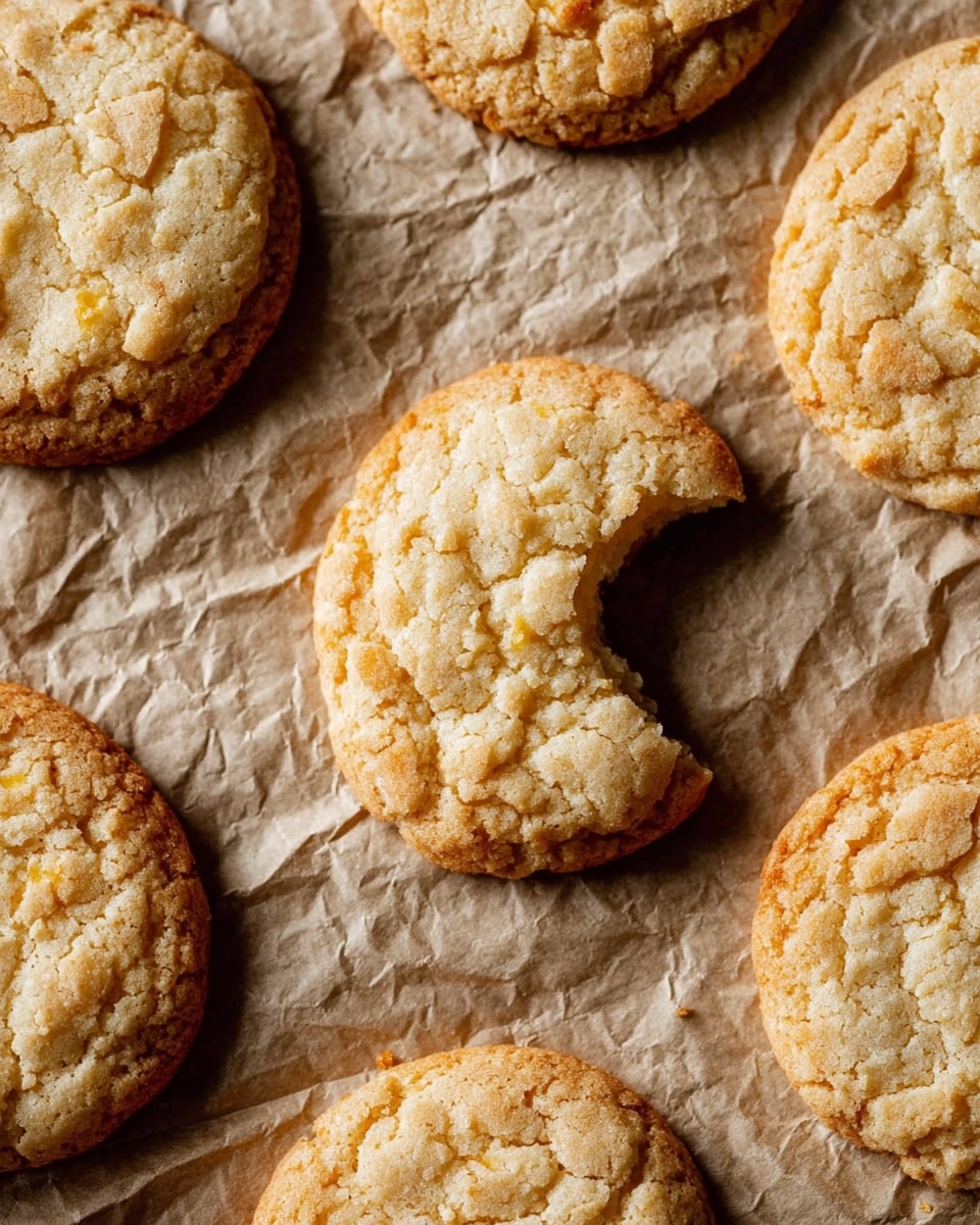 A close-up view of eight round, golden-brown cookies with a soft, slightly cracked texture, placed on crinkled brown parchment paper. One cookie near the center has a bite taken out of it, showing a tender inside with a similar light golden color. The cookies are evenly spaced, resting flat on the paper, highlighting their rough, crumbly surfaces and subtle color variations. The background features a white marbled texture. photo taken with an iphone --ar 4:5 --v 7