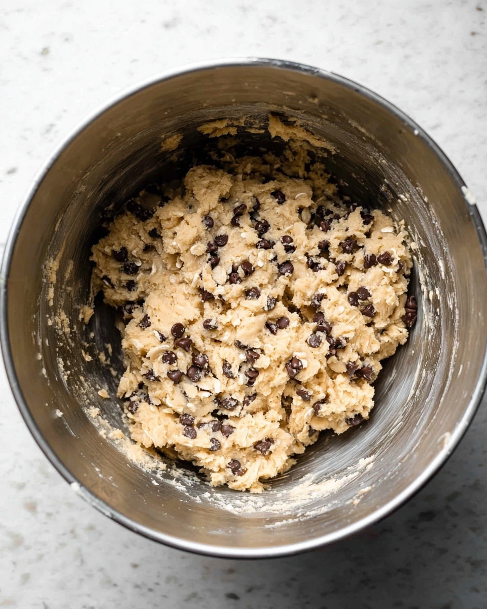 A close-up view of a metal mixing bowl filled with thick cookie dough that has a light beige color and is mixed with many small, dark chocolate chips spread throughout. The dough has a lumpy, uneven texture with visible oats or small grainy bits mixed in. The inside walls of the bowl show some leftover dough stuck in small patches. The bowl is placed on a white marbled surface. Photo taken with an iphone --ar 4:5 --v 7