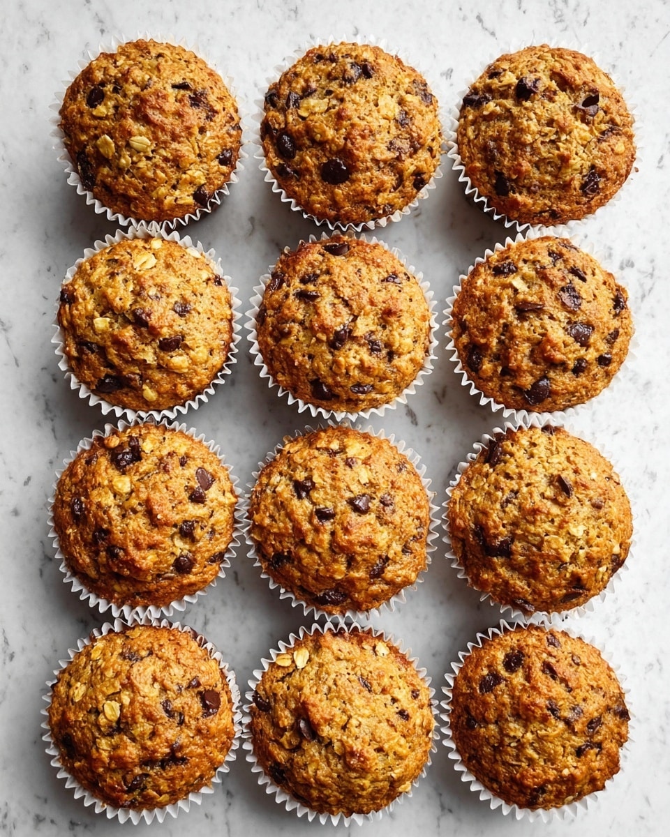 The image shows twelve golden brown muffins arranged in a 4x3 grid on a white marbled surface. Each muffin has a rough, textured top with visible oats and dark chocolate chips scattered throughout, giving a slightly uneven, homemade look. The muffins are all in white paper liners, and the light highlights their warm, slightly crispy tops while showing the soft crumb beneath. photo taken with an iphone --ar 4:5 --v 7