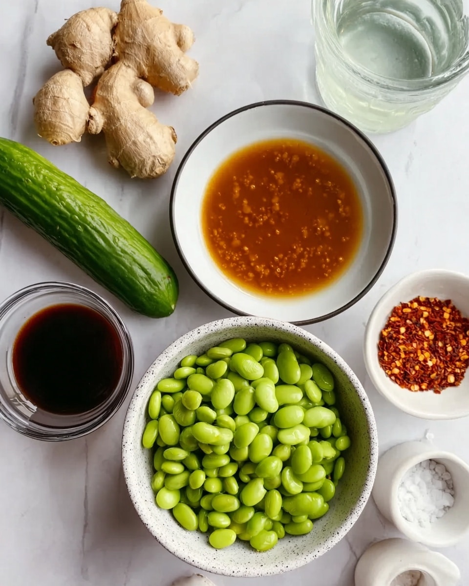 The image shows six food items arranged on a white marbled surface. In the center, there is a white speckled bowl filled with bright green edamame beans, smooth and rounded. Above it, a white bowl with a thin black rim contains an orange-brown sauce with a slightly shiny surface, showing some small herbs or spices inside. To the left of the sauce bowl, there is a fresh green cucumber with a bumpy skin, and next to it, a piece of light tan fresh ginger with a knobby shape. Below the ginger, a clear glass bowl holds a dark brown liquid with a smooth texture. On the right side near the top, a small white dish contains coarse red chili flakes. A clear glass of water is placed behind the chili flakes. There are some white and orange spice containers near the bottom right corner. The whole scene looks clean and bright, with a soft natural light. Photo taken with an iphone --ar 4:5 --v 7