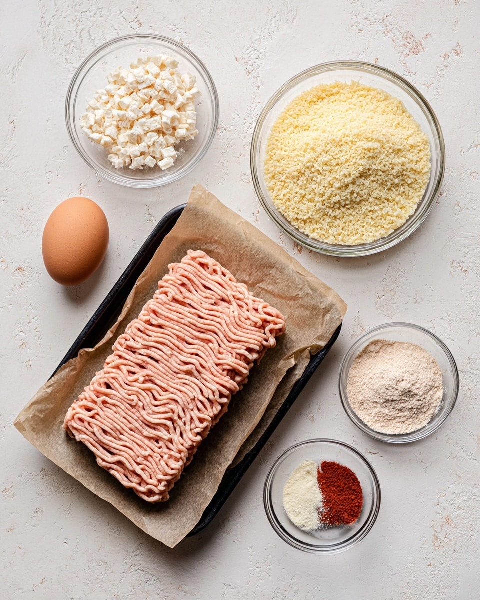 This image shows ingredients arranged on a white marbled surface. In the center, there is a rectangular block of light pink ground meat with a soft, wavy texture, placed on brown parchment paper in a black tray. To the top left, a clear glass bowl holds small, white chopped pieces, giving a grainy texture. Below this, there is a brown egg with a smooth surface. To the bottom right of the meat tray, a small white bowl contains four sections of different powdered spices in red, beige, white, and light yellow colors. Near this, a larger clear glass bowl is filled with light yellow breadcrumbs with a crumbly texture. Photo taken with an iphone --ar 4:5 --v 7