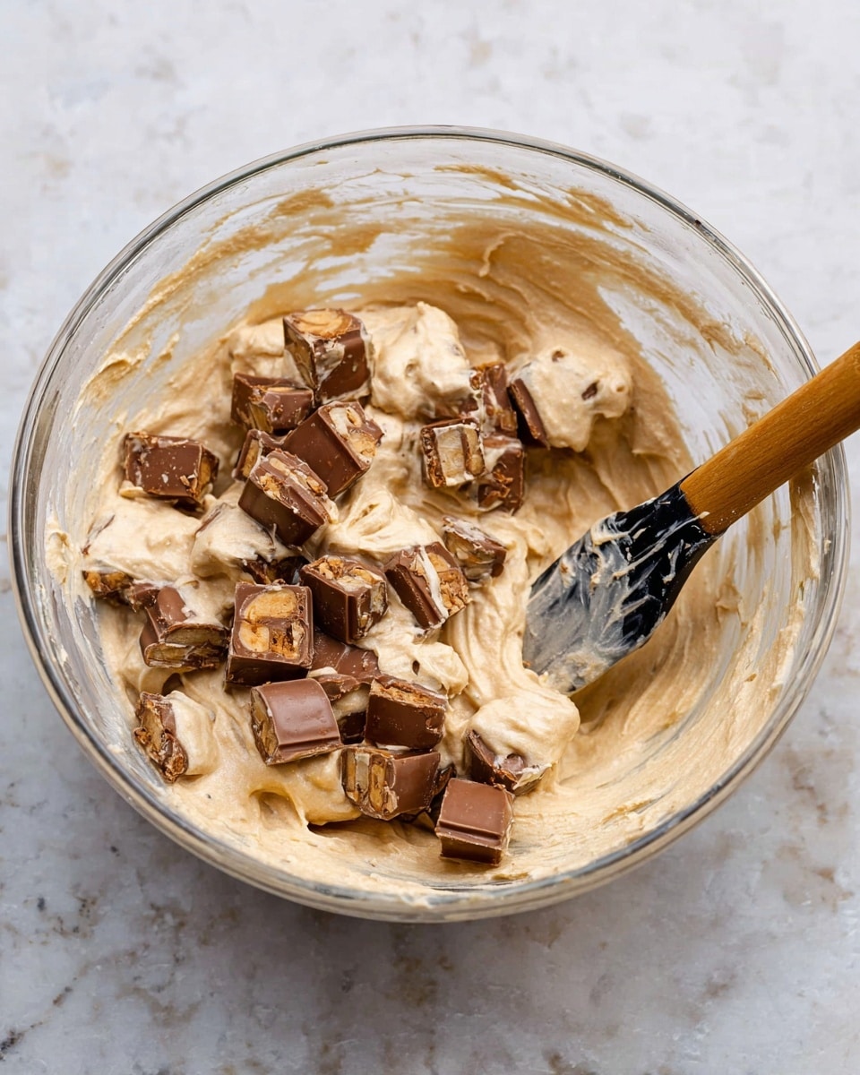 A clear glass bowl holds a thick, creamy light brown mixture with darker brown chunks stirred in. On top, there are many small cut pieces of chocolate candy with a visible caramel and nougat inside. A wooden spatula with a black rubber tip rests in the bowl, partially covered in the creamy mix. The bowl sits on a white marbled surface. photo taken with an iphone --ar 4:5 --v 7