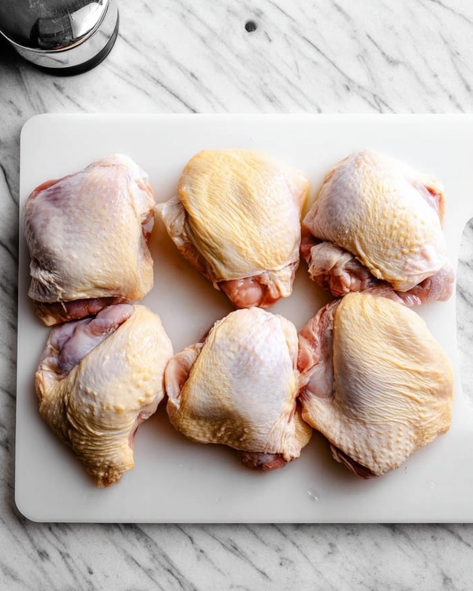 A white cutting board is placed on a white marbled surface, holding six pieces of raw chicken with pale yellow skin and pink flesh showing through. The chicken pieces are arranged in two rows with three pieces each, showing varying shapes and sizes with some skin folds and texture details. The image also includes part of a silver and black kitchen tool in the top left corner. Photo taken with an iphone --ar 4:5 --v 7