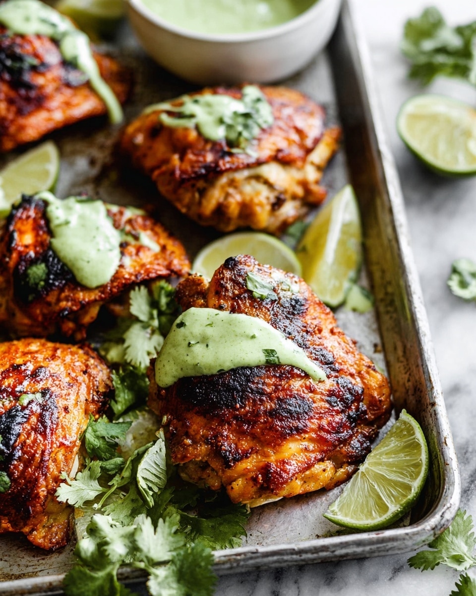 The image shows a metal tray filled with five pieces of cooked chicken thighs with crispy, golden-brown skin and some charred spots. Each piece is topped with green sauce that looks creamy and smooth, draped over the center of the chicken. Around the chicken are fresh green cilantro leaves and several wedges of lime with a light green color and juicy texture, scattered across the tray. In the background, white bowl filled with more green sauce is partially visible on the white marbled surface. The scene is close-up with bright natural light highlighting the textures and colors. Photo taken with an iphone --ar 4:5 --v 7