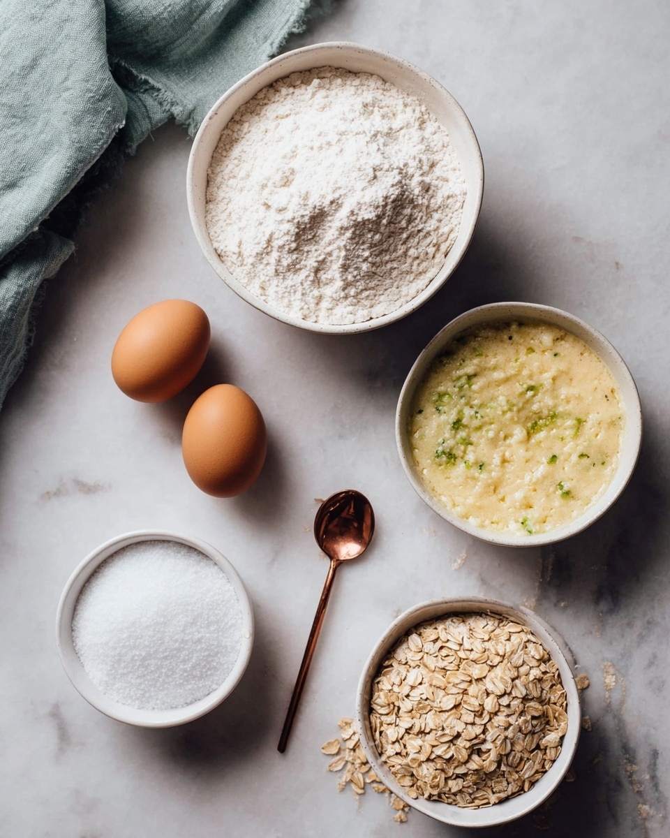 The image shows cooking ingredients placed on a white marbled surface. At the top is a bowl filled with white flour. Below it, there is a white bowl containing a yellowish, creamy mixture with some green specks. Next to it are two brown eggs lying side by side. To the right of the eggs, there is a small copper spoon resting on the surface. At the bottom left, there is a white bowl filled with white granulated sugar, and next to it at the bottom right, a white bowl containing light brown rolled oats. There is also a soft green cloth partially visible on the left edge of the image. photo taken with an iphone --ar 4:5 --v 7