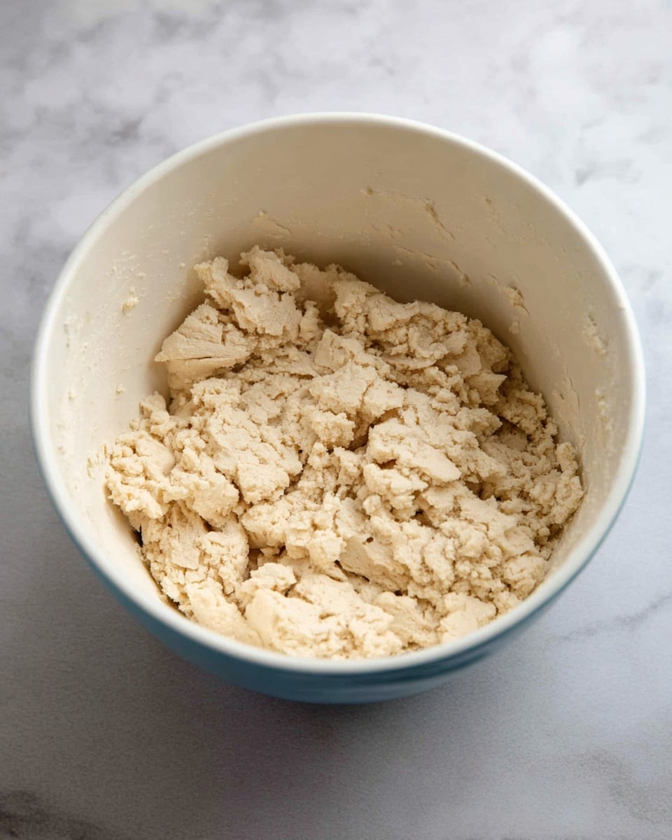 A white mixing bowl filled with crumbly, uneven dough that has a light beige color and rough texture. The dough pieces vary in size and look soft but slightly dry, scattered loosely inside the bowl. The bowl is placed on a white marbled surface. Photo taken with an iphone --ar 4:5 --v 7