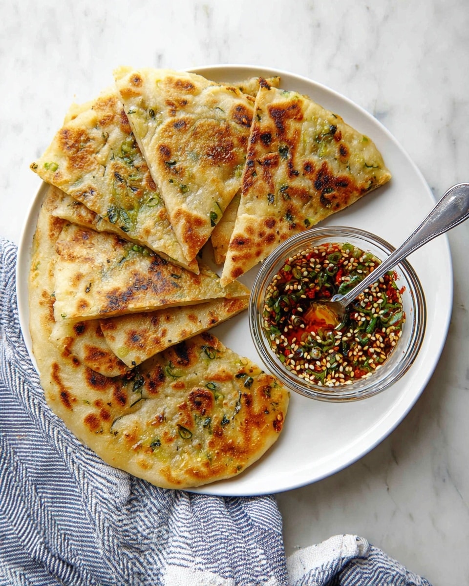 A white plate holds several folded, golden-brown flatbreads with visible green bits of herbs or scallions baked into the dough, showing light and dark browning on their slightly crispy surface. To the right side of the plate, there is a small glass bowl filled with a sauce that contains seeds, chopped green herbs, and red pepper flakes with a spoon resting inside. The plate is placed on a white marbled surface with a blue and white striped cloth partially under the plate. photo taken with an iphone --ar 4:5 --v 7