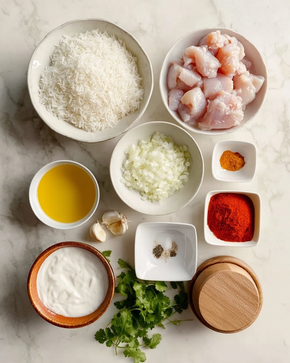 A top-down view of various cooking ingredients arranged neatly on a white marbled surface, including seven bowls and two wooden containers. The largest white bowl at the top right holds raw, light pink chicken pieces, while another large white bowl at the bottom left contains fluffy white rice. A medium white bowl in the center holds finely chopped white onions. There is a smaller white bowl near the right side filled with thick white yogurt. Two tiny white square bowls contain orange-red spice powder and cracked black pepper. A small white bowl with a yellow liquid (likely oil or butter) is placed near the bottom left. A tiny, brown-edged ceramic bowl holds a dollop of bright red paste, and two cloves of garlic rest beside it. A small fresh green cilantro bunch is placed near the yogurt bowl. Two round wooden containers, one with salt and the other closed, sit at the bottom right. The surface and all items are clearly visible, well-lit, and arranged aesthetically. photo taken with an iphone --ar 4:5 --v 7