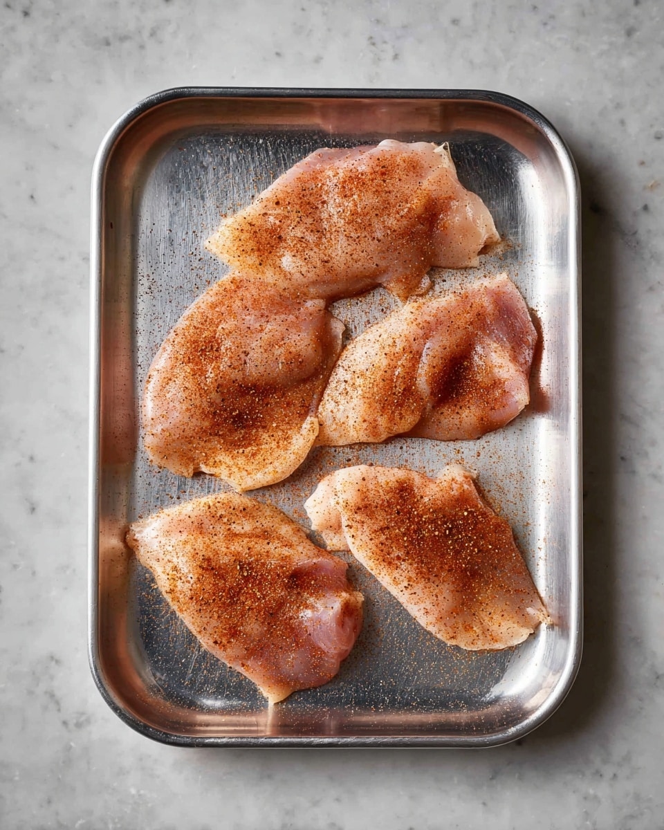 Five pieces of raw chicken skin on a silver metal tray are spread out evenly. Each piece is lightly coated with a layer of reddish-brown spices, giving a speckled texture across the pale pink meat. The tray sits on a white marbled surface that contrasts softly with the simple metal shine. The chicken pieces appear smooth and moist under the seasoning, with some parts slightly overlapping or angled. photo taken with an iphone --ar 4:5 --v 7